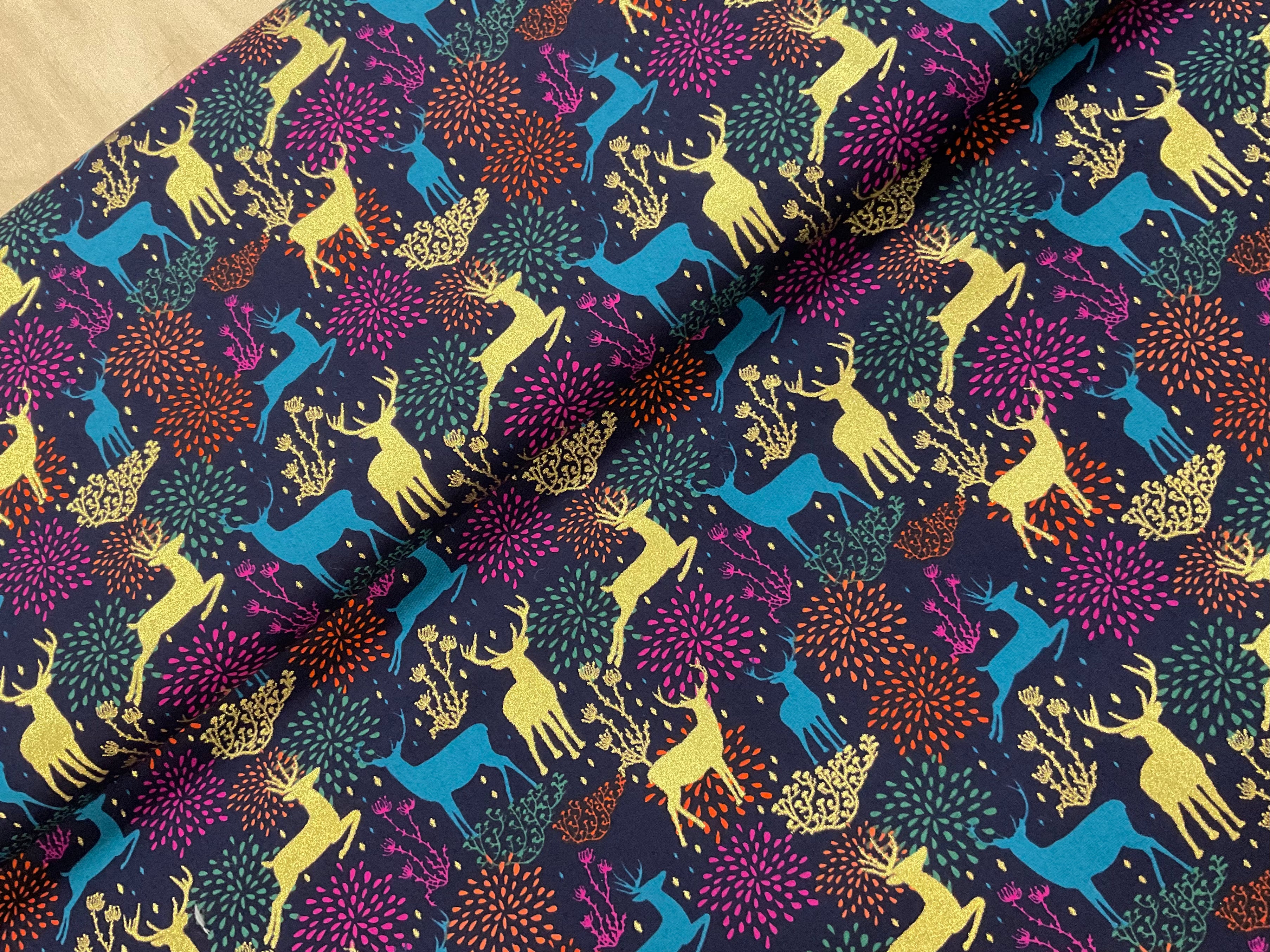 Gold Foil Stags on Navy Cotton Poplin