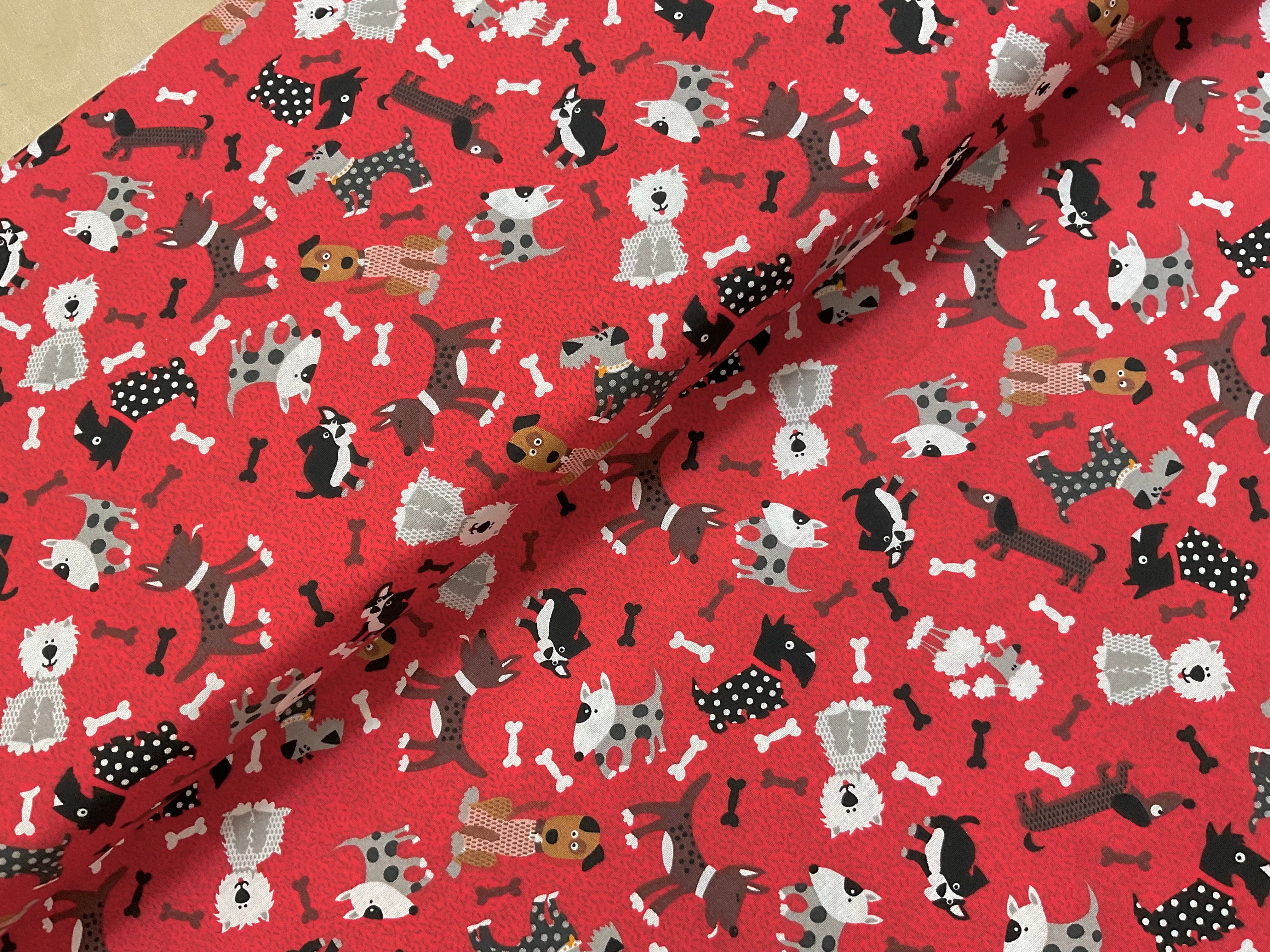 Patchwork Dogs on Red Cotton