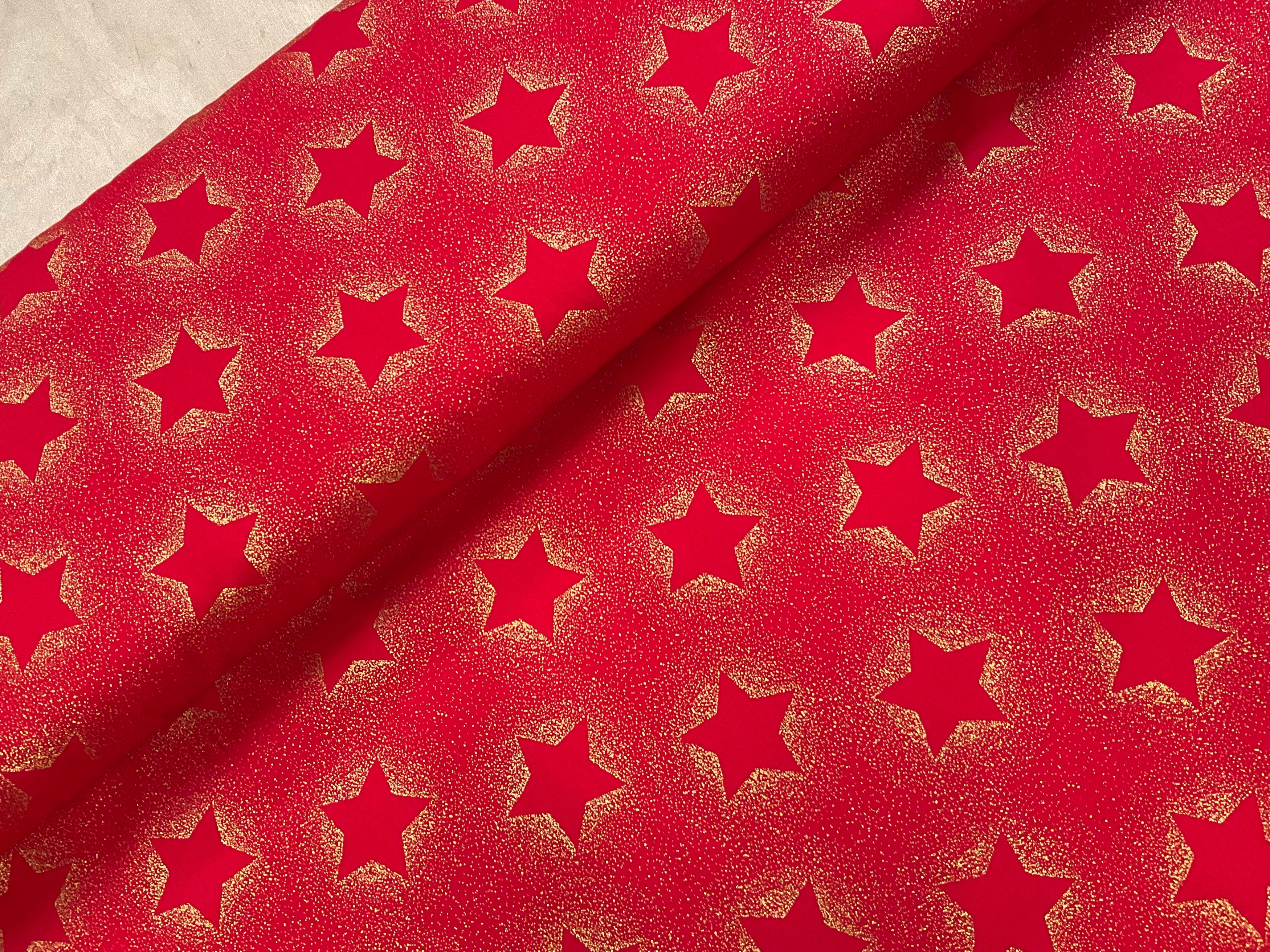 Gold Foil Stars on Red Cotton Poplin