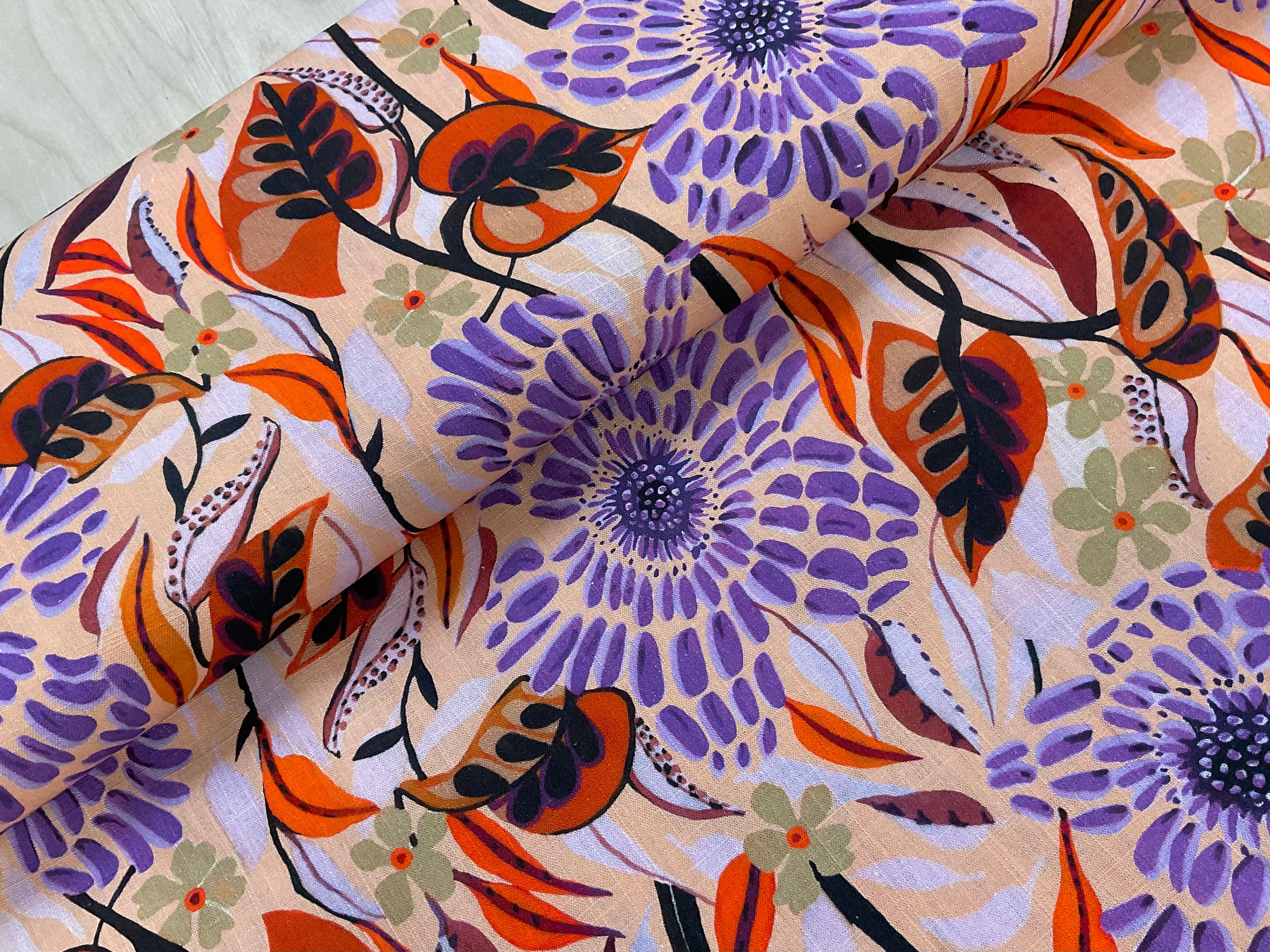 Purple Tropical Floral Viscose Linen