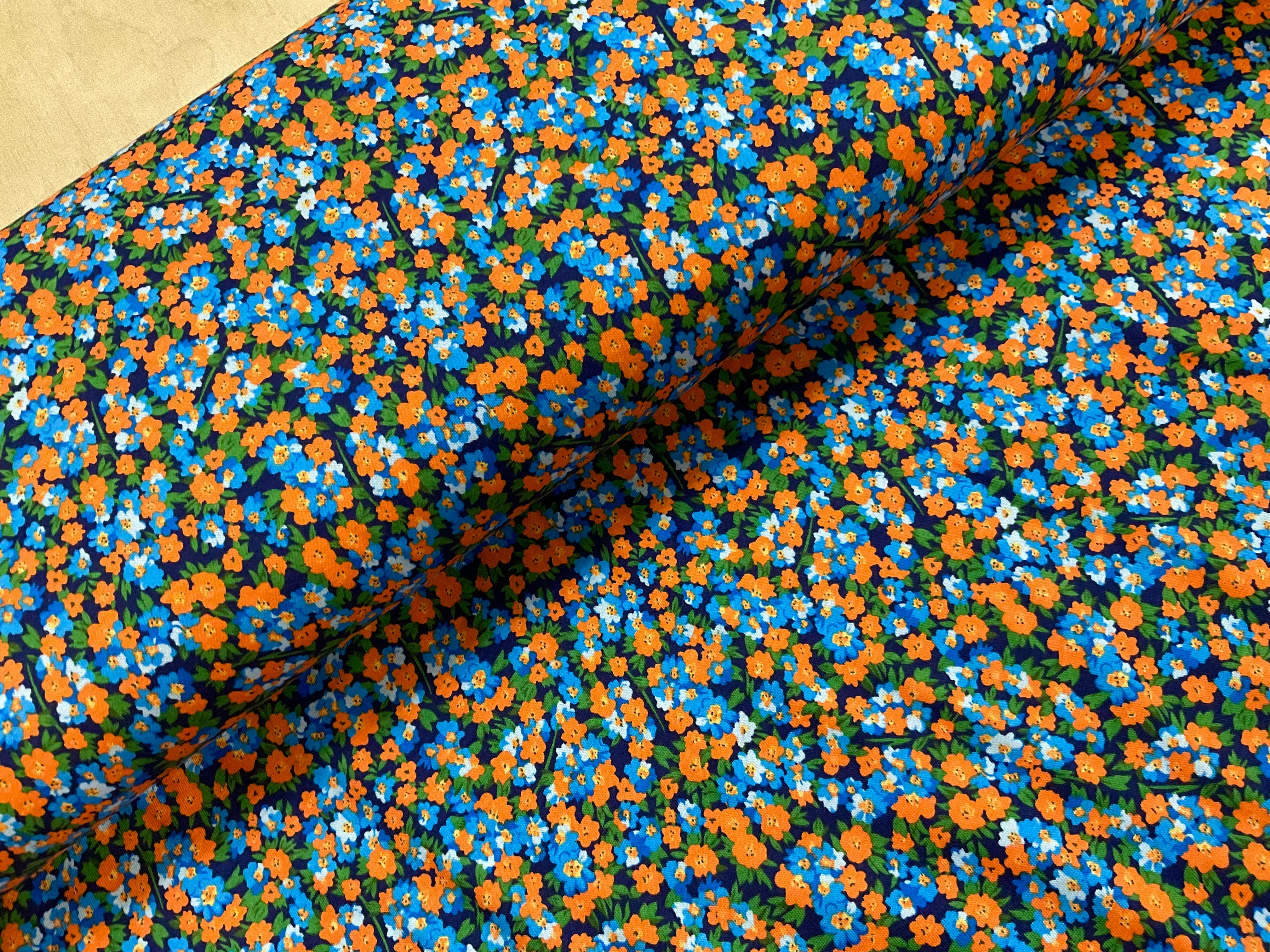 Blue and Orange Ditsy Floral Viscose Jersey