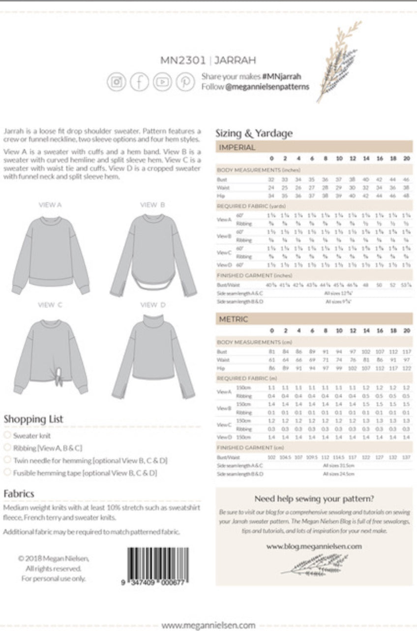 Megan Nielsen Jarrah Sweater Set Paper Sewing Pattern Sizes 0 - 20
