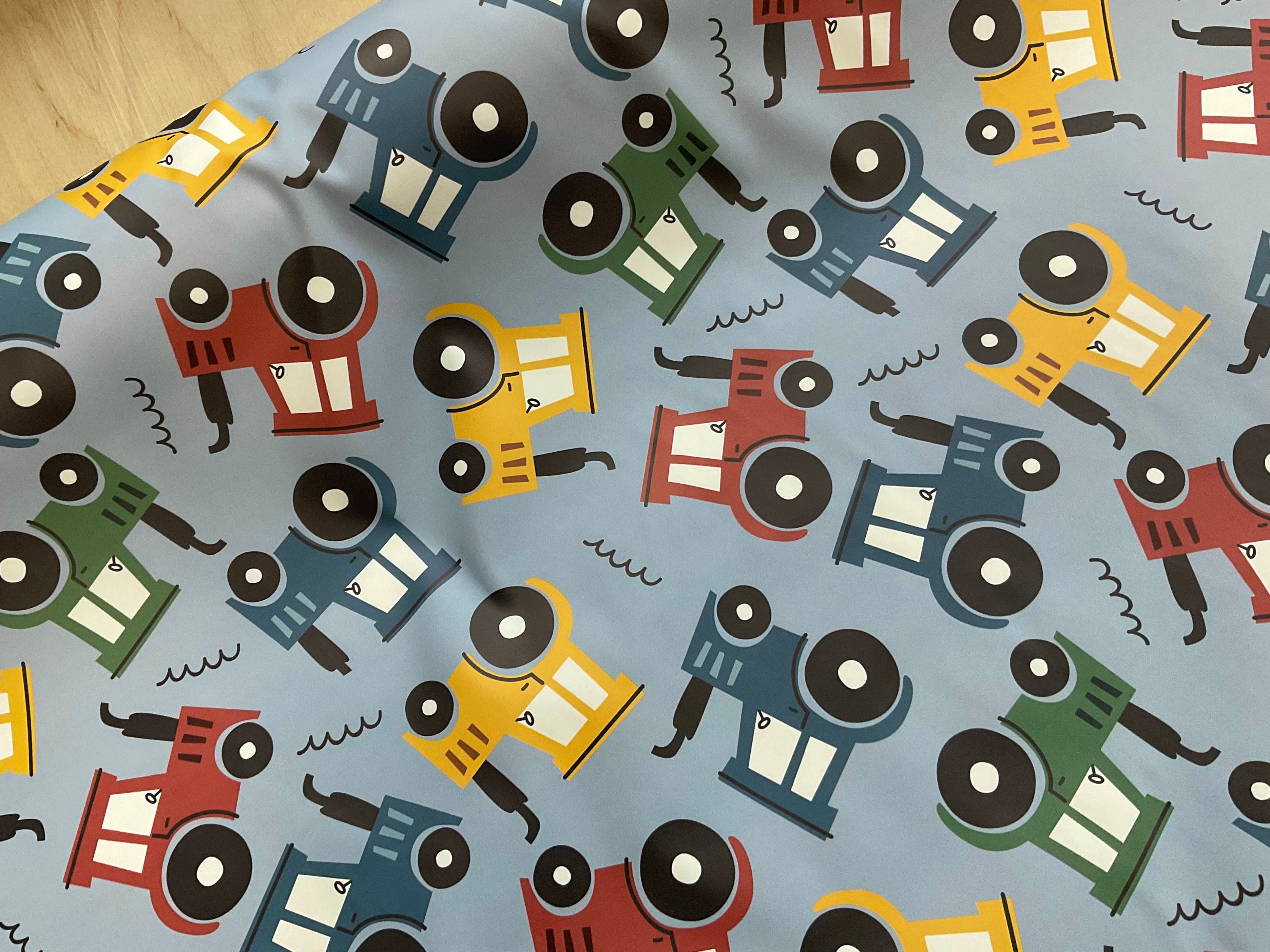 Tractors on Light Blue PU Raincoat Fabric