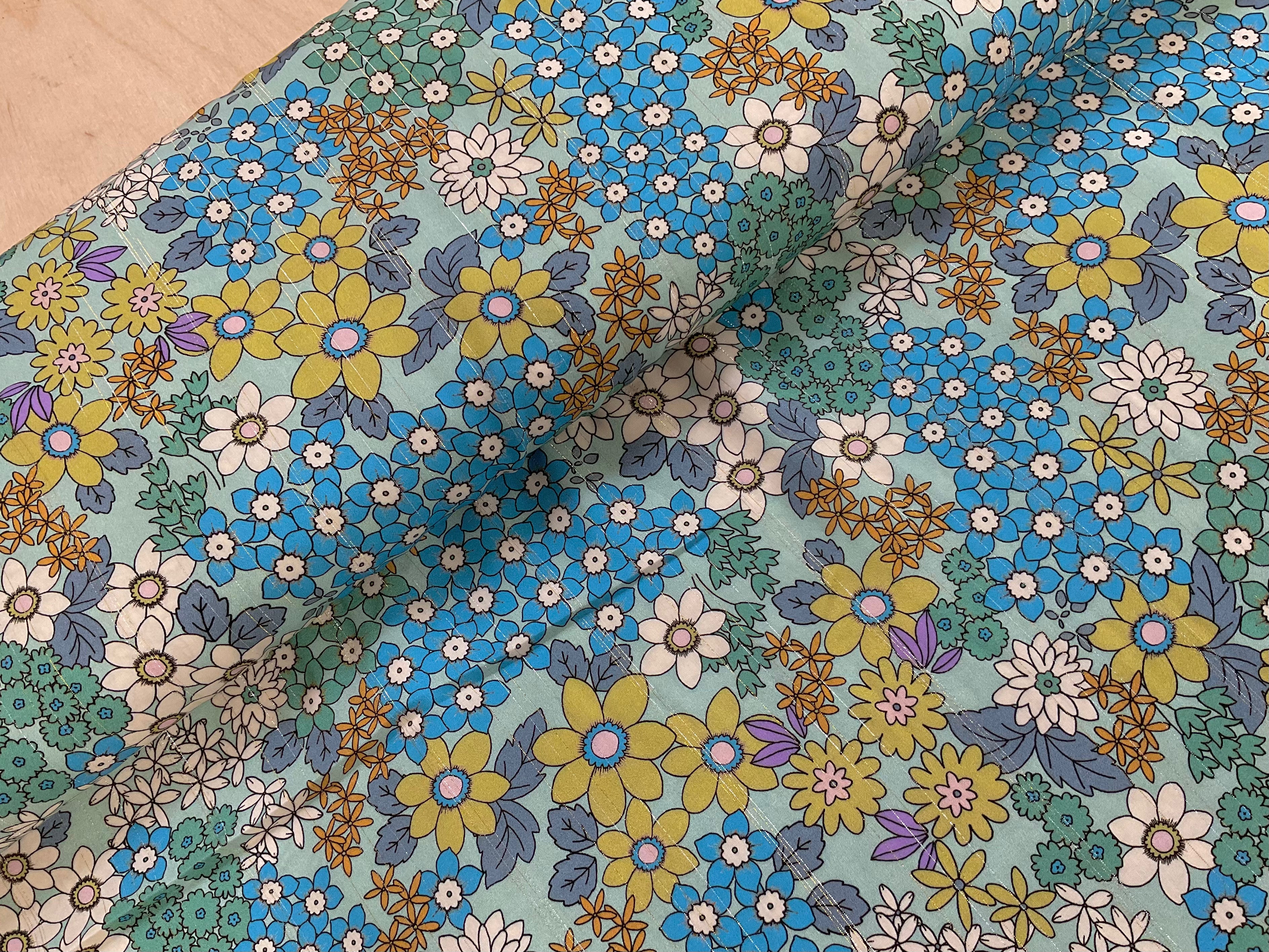 Metallic Thread Retro Blue Flowers Viscose