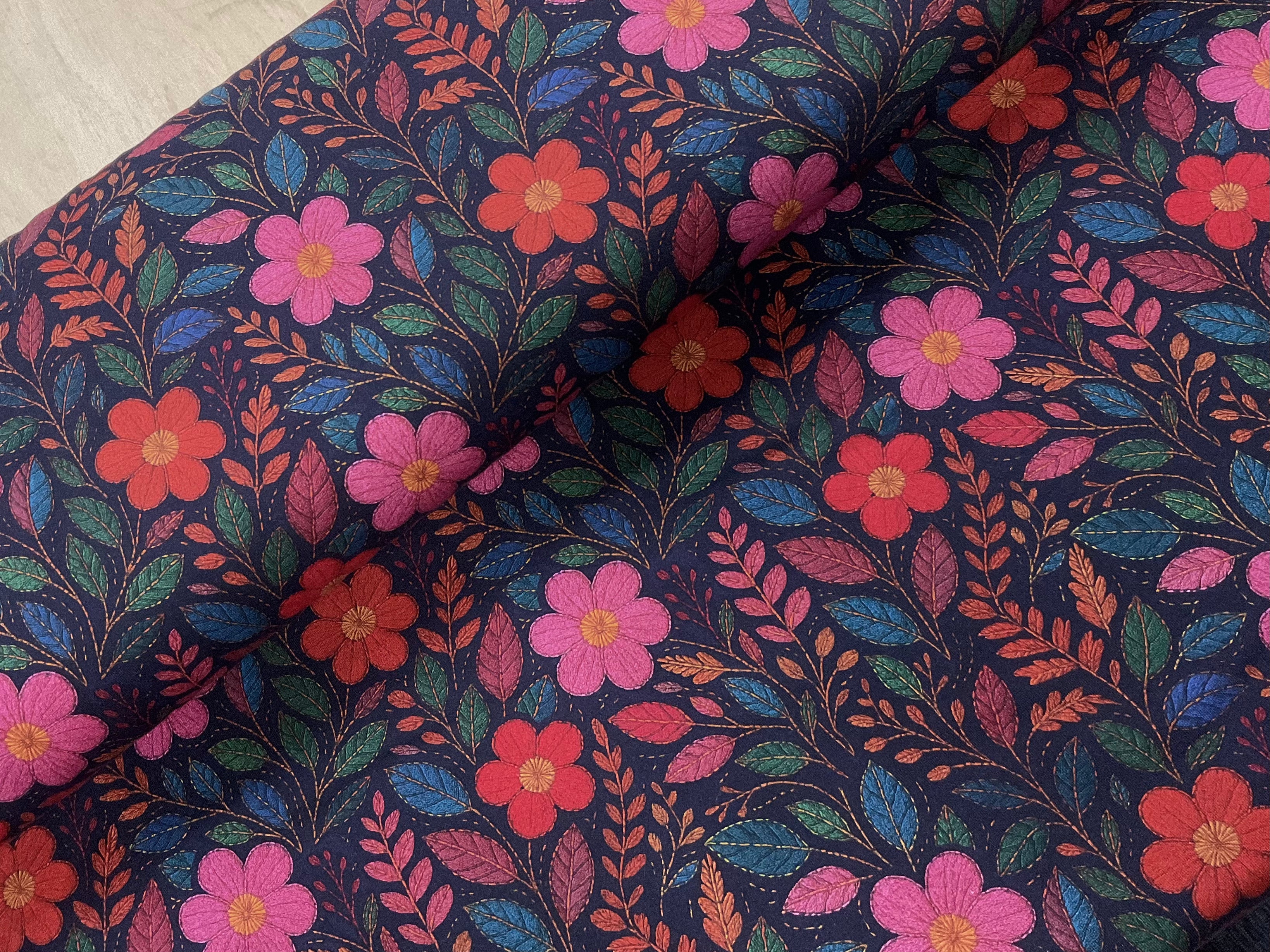 Floral Embroidered Look Brushed French Terry