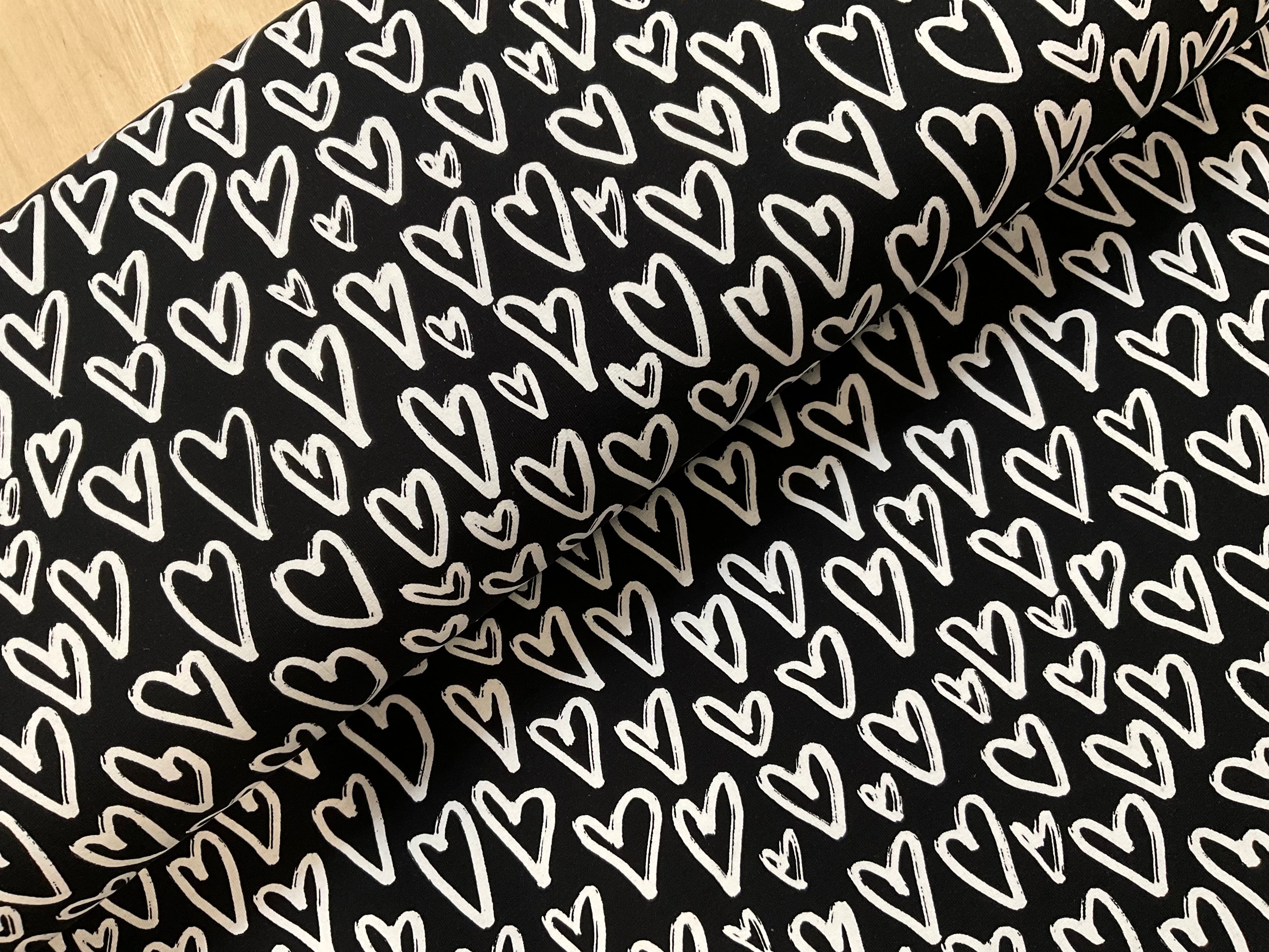 White Hearts on Black Cotton Jersey
