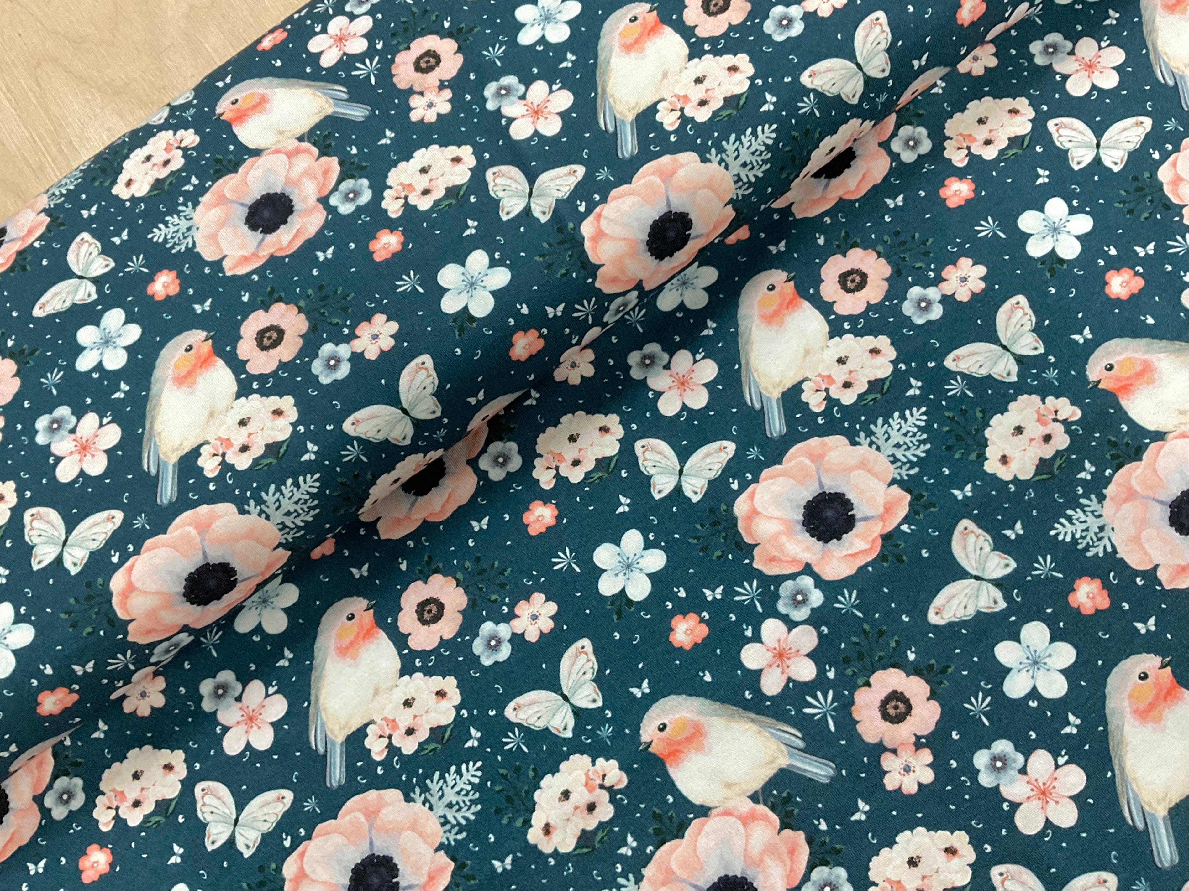 Floral Robbins on Dark Petrol Cotton Jersey Fabric