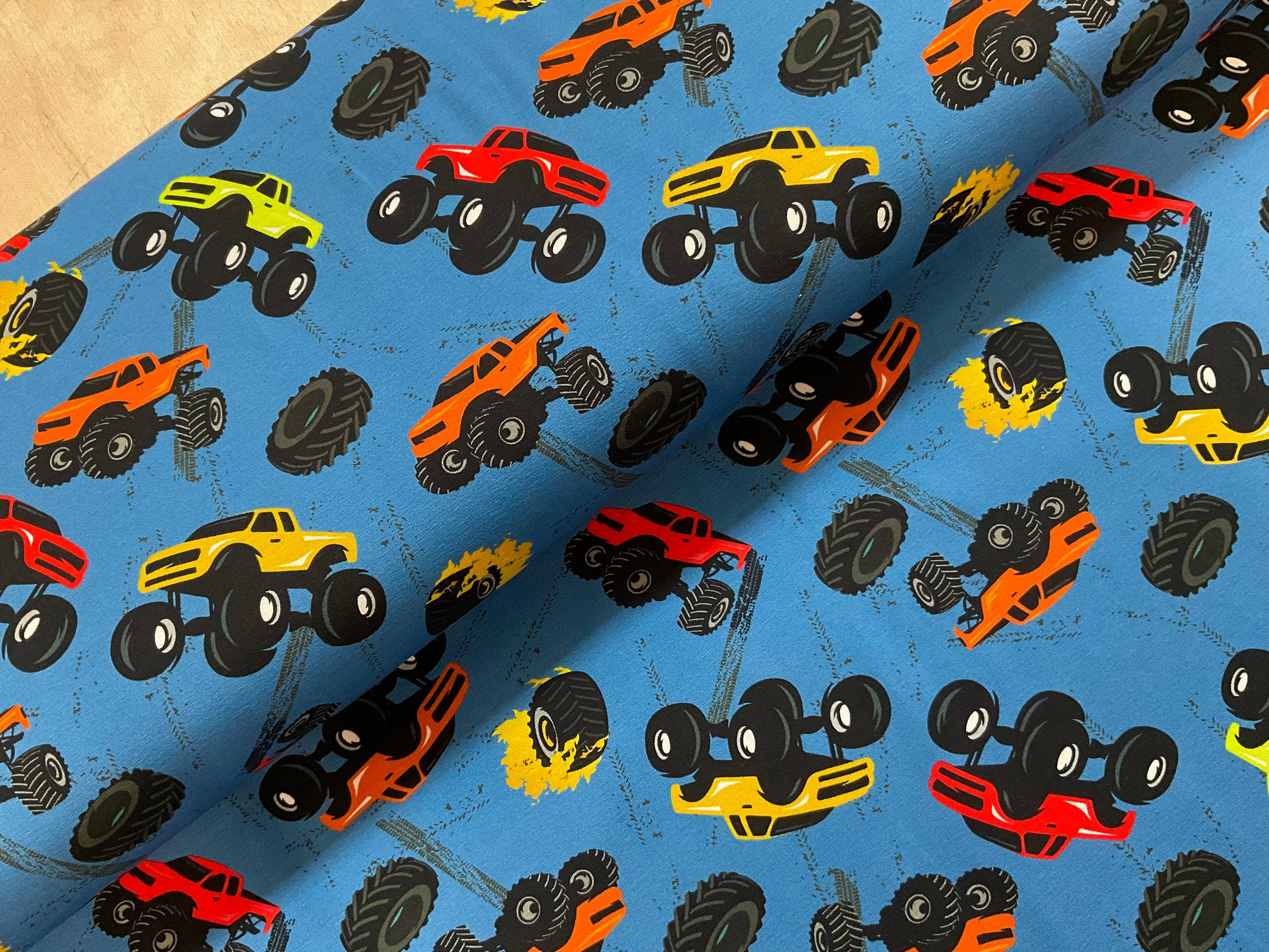 Wheels on Fire on Jeans Cotton Jersey Fabric