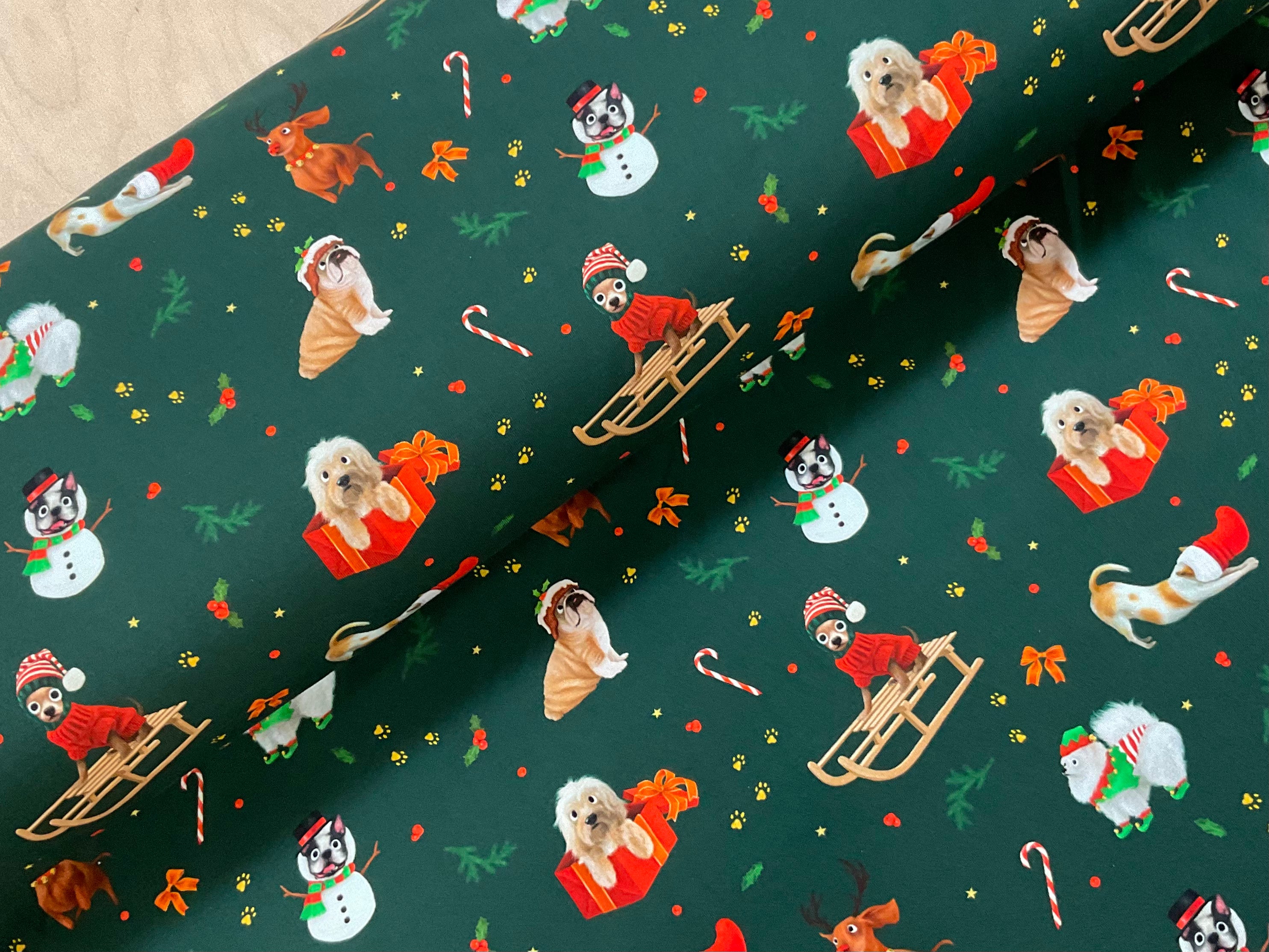 Festive Pups Green Cotton Jersey