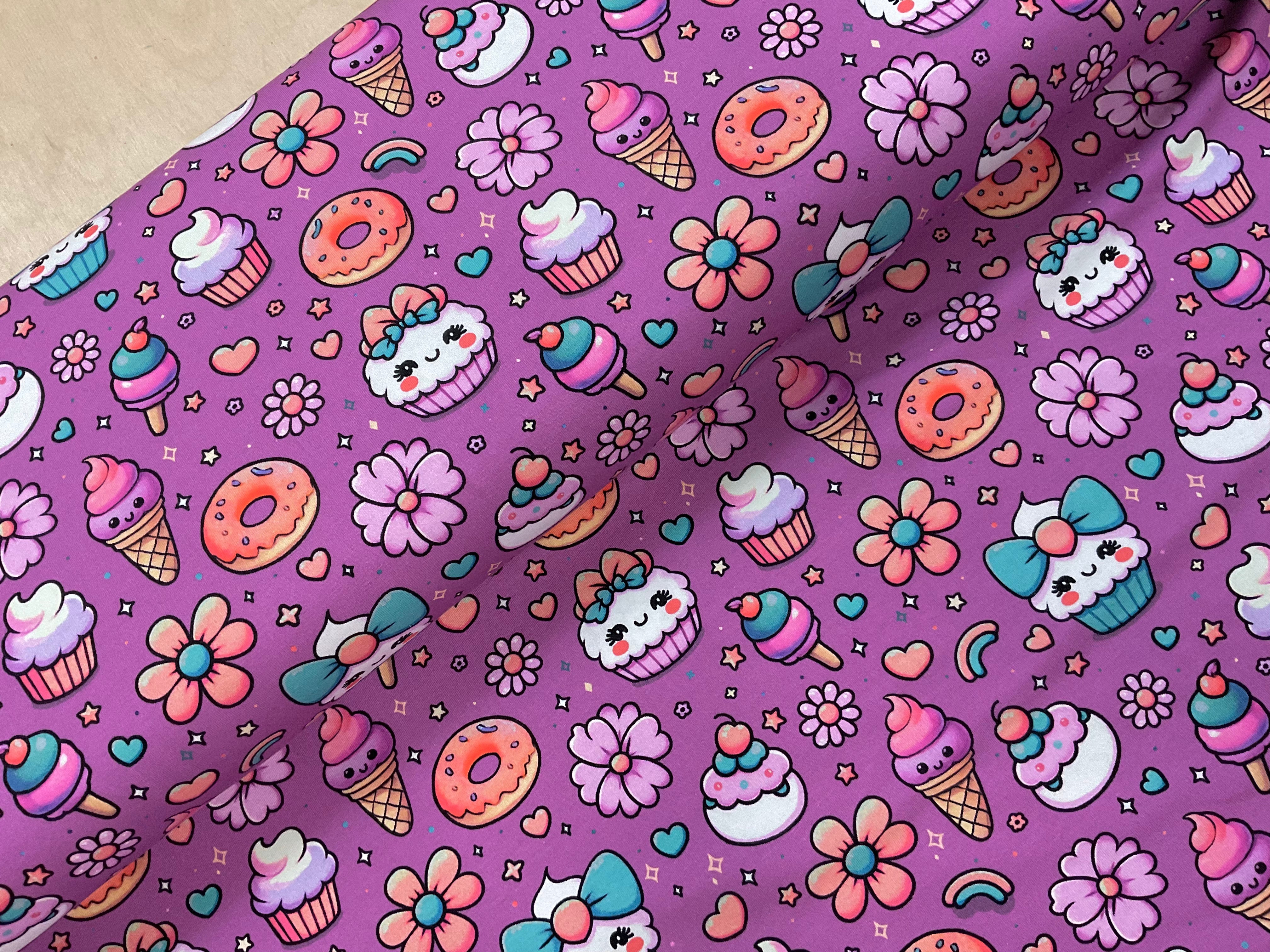 Sweet Treats on Violet Cotton Jersey Fabric