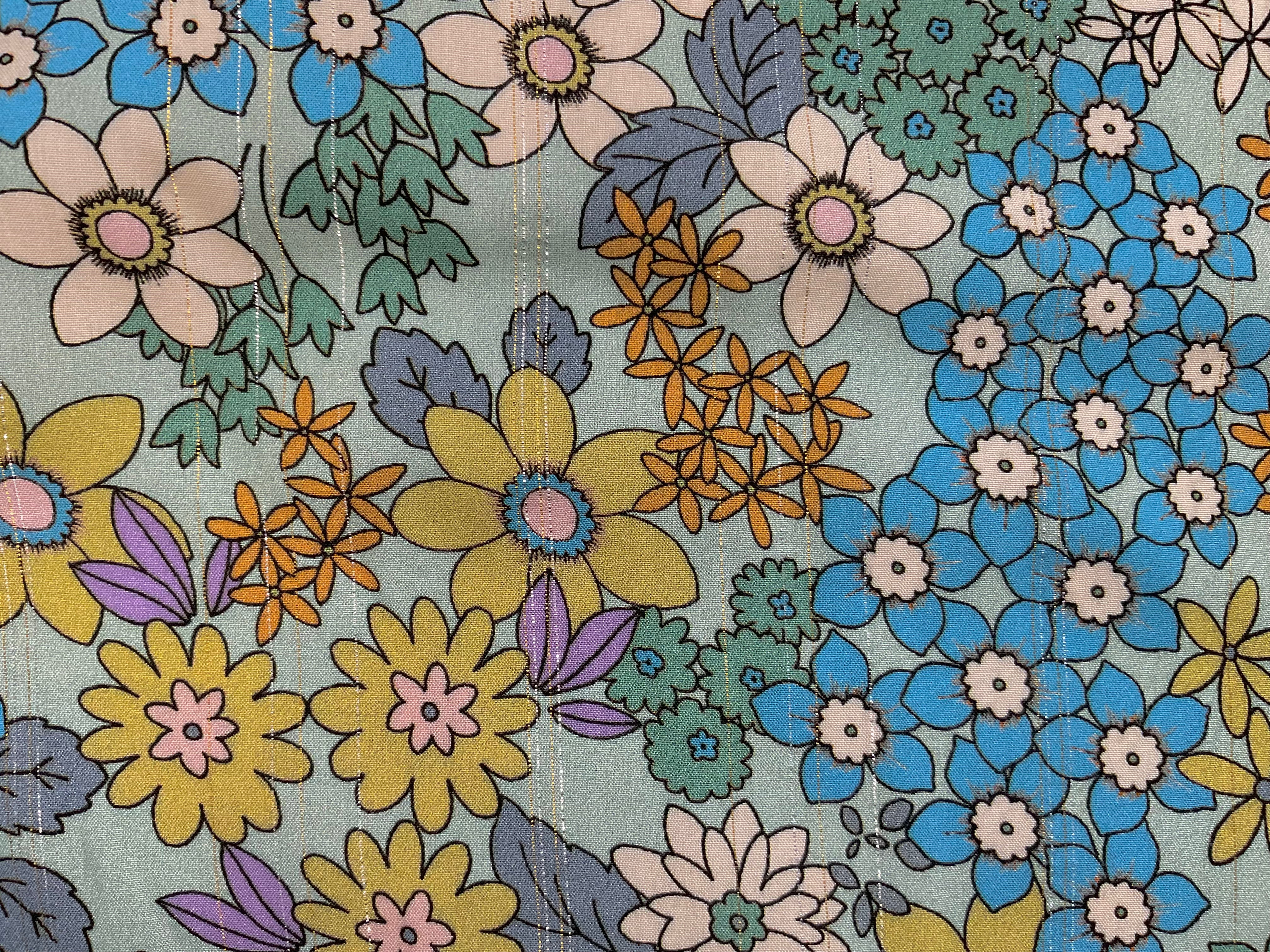 Metallic Thread Retro Blue Flowers Viscose