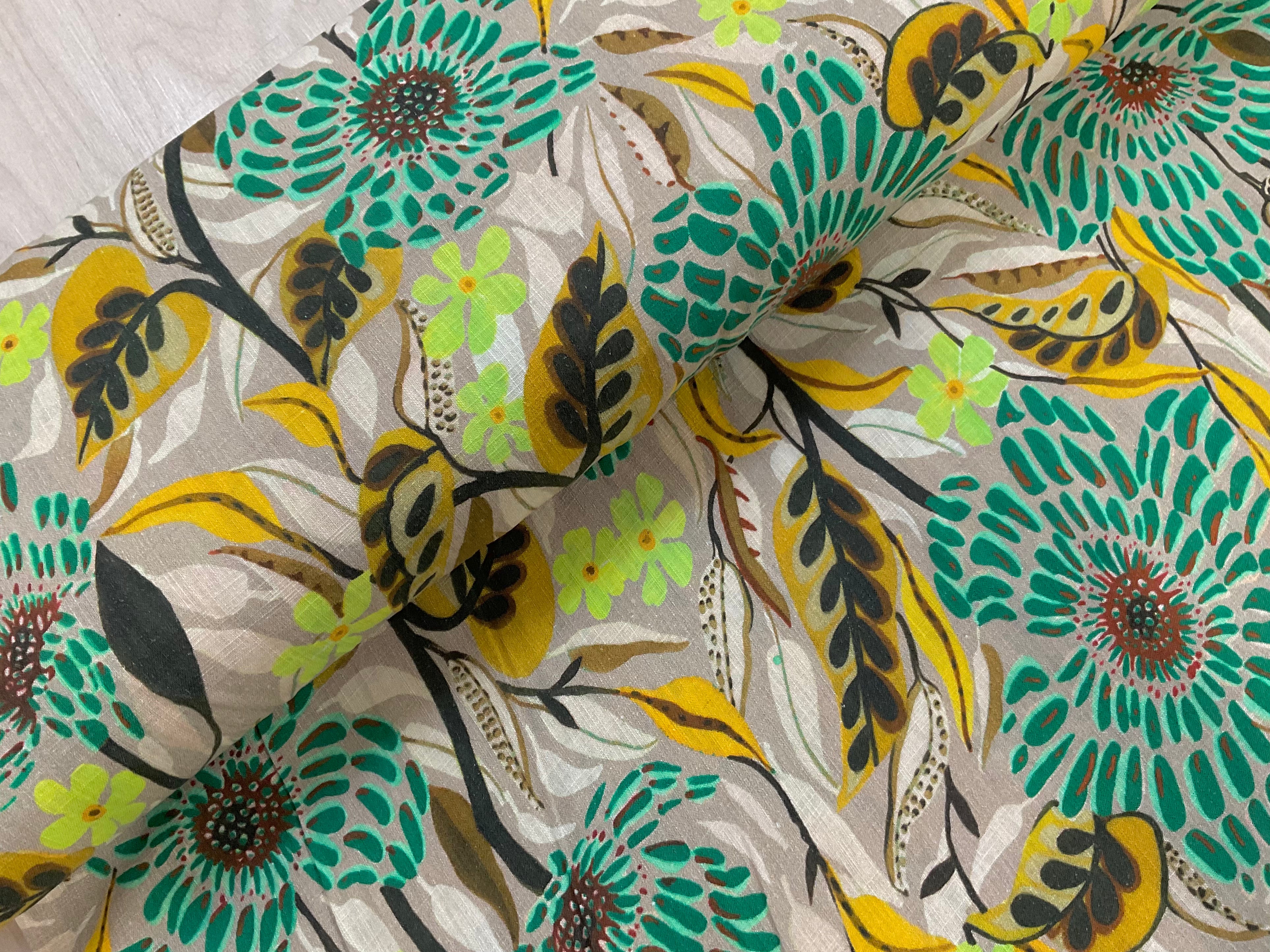 Green Tropical Floral Viscose Linen