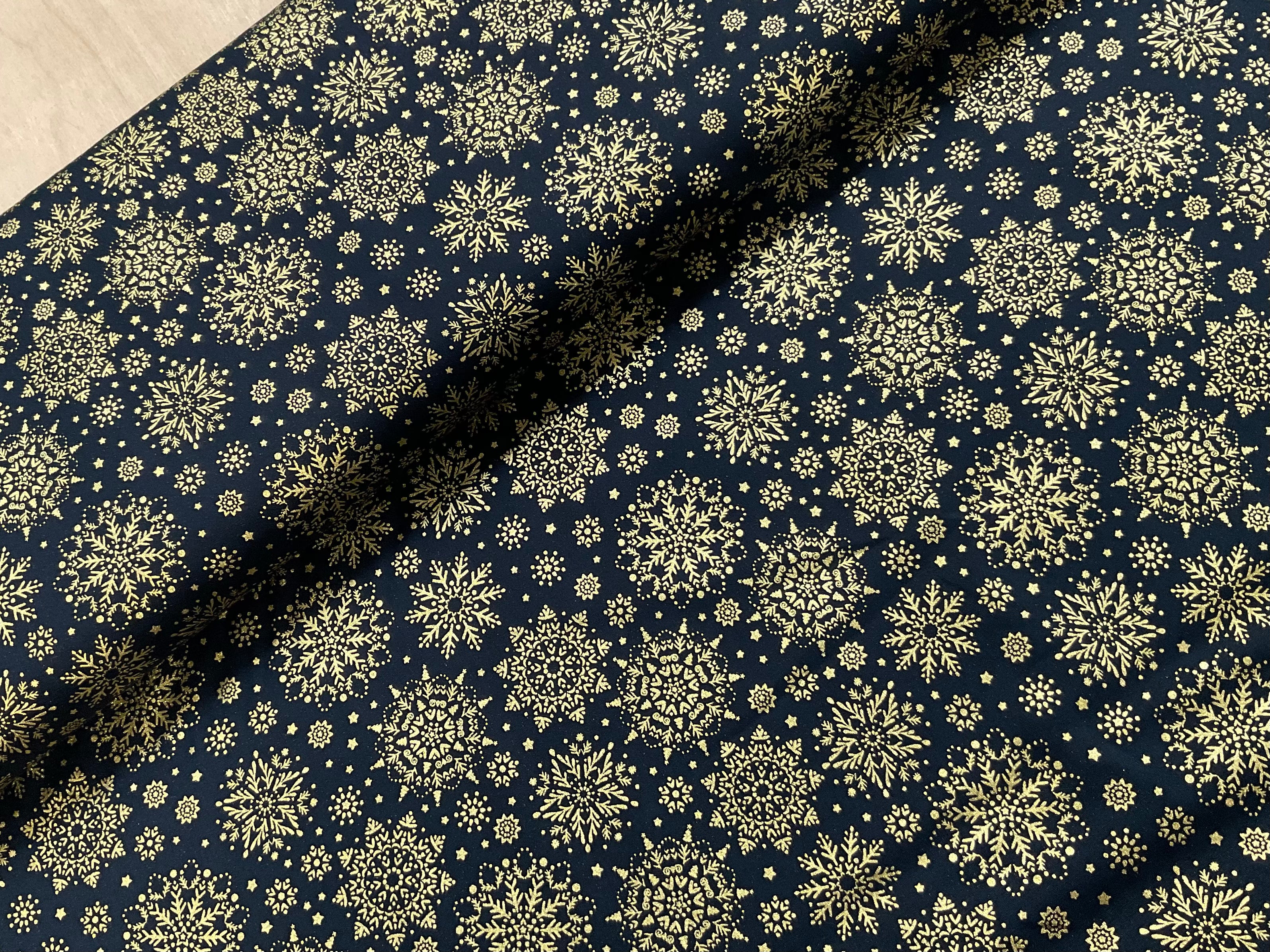 Gold Foil Snowflakes on Navy Cotton Poplin