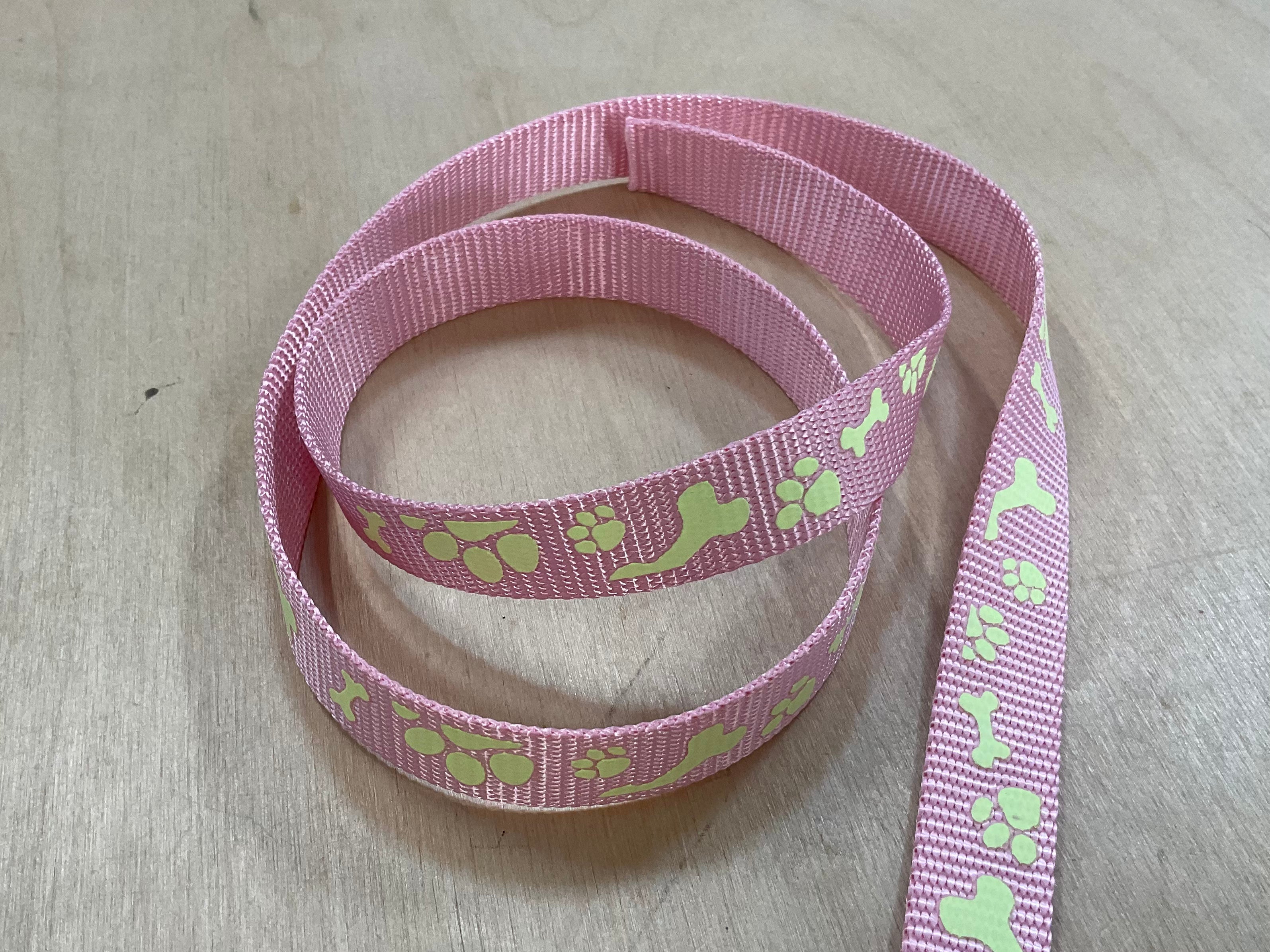 20mm Pink Dog Bone and Paw Print Glow in the Dark Webbing Tape