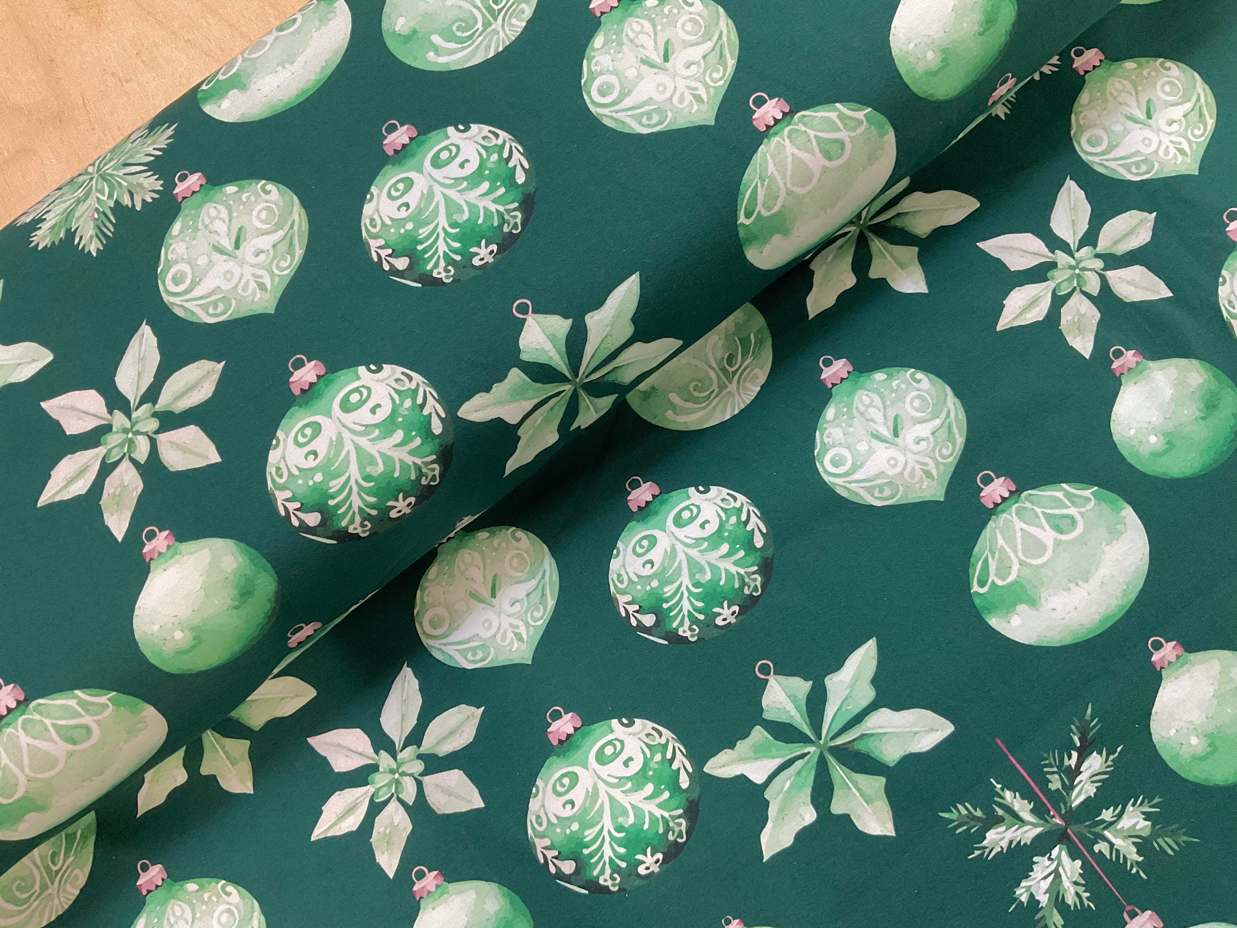Green Christmas Baubles Cotton Jersey Fabric