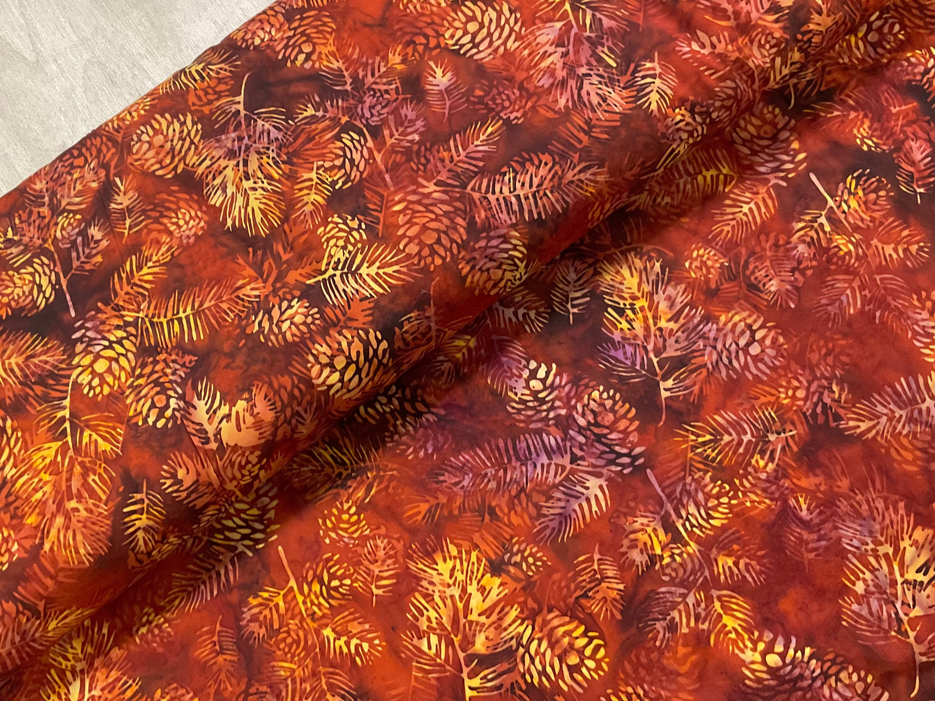 Pine Cones on Paprika Leaves Cotton Batik