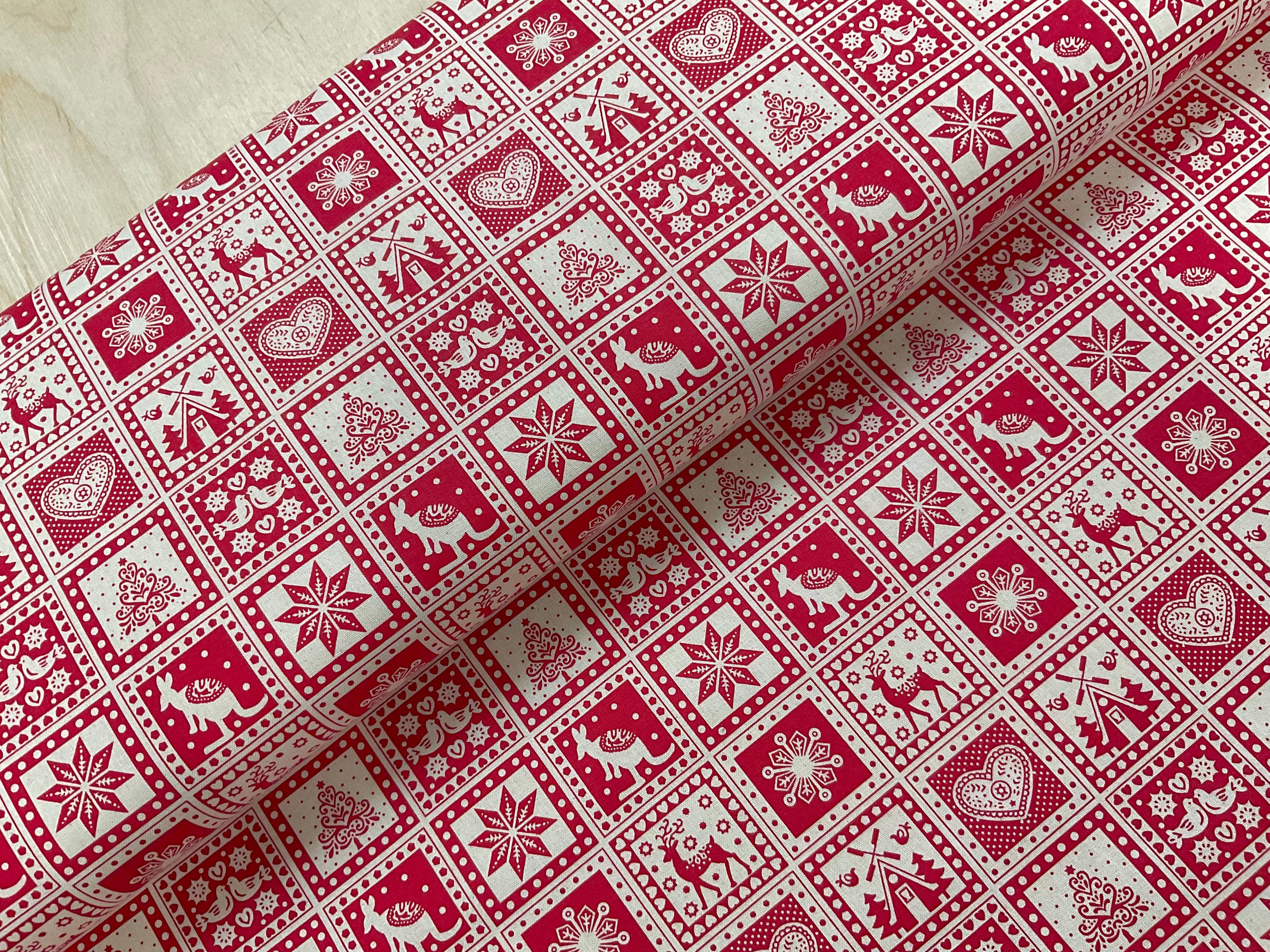 Red Christmas Squares on Natural Cotton