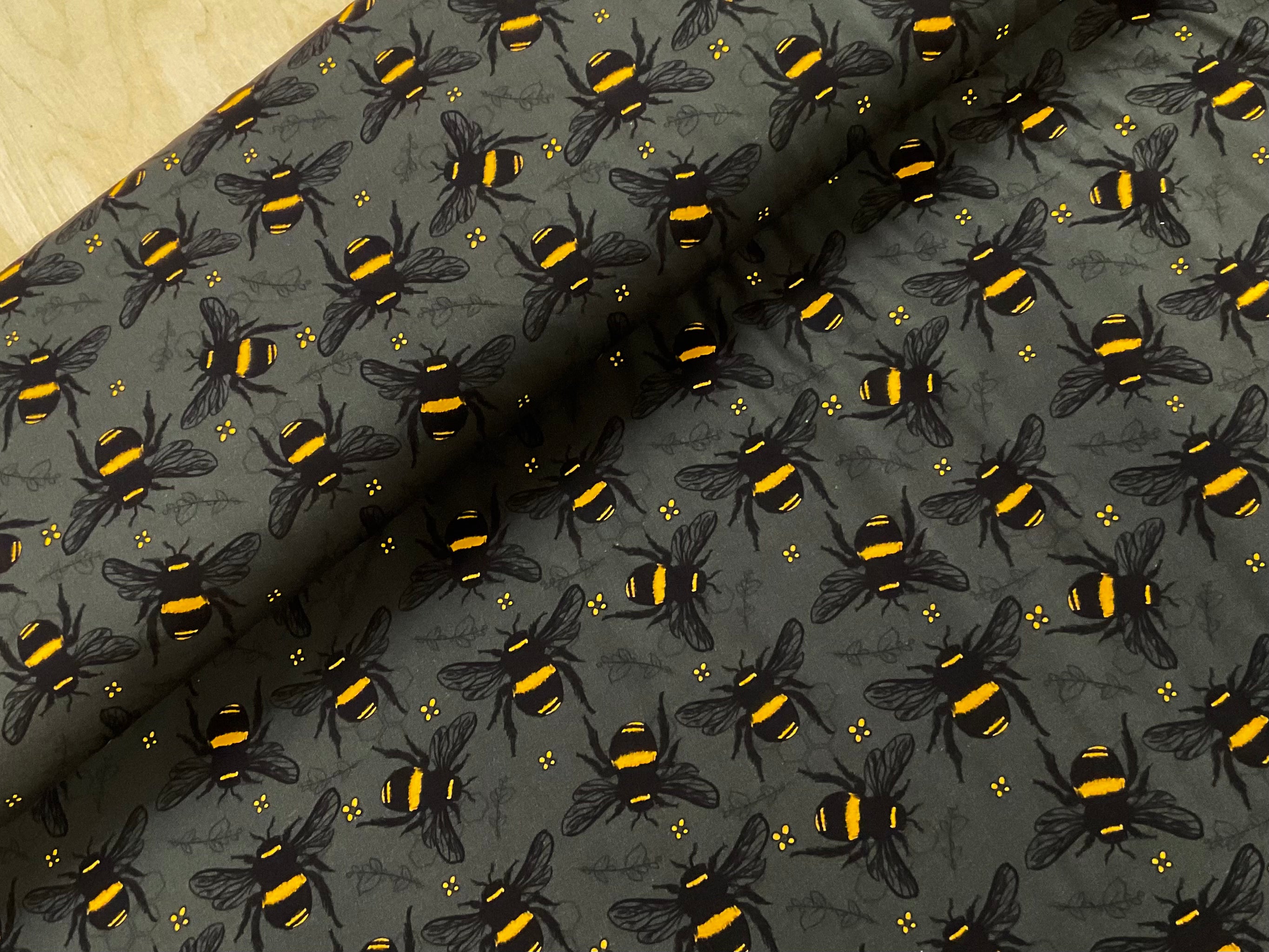 Charcoal Bees ORGANIC Cotton Jersey Fabric