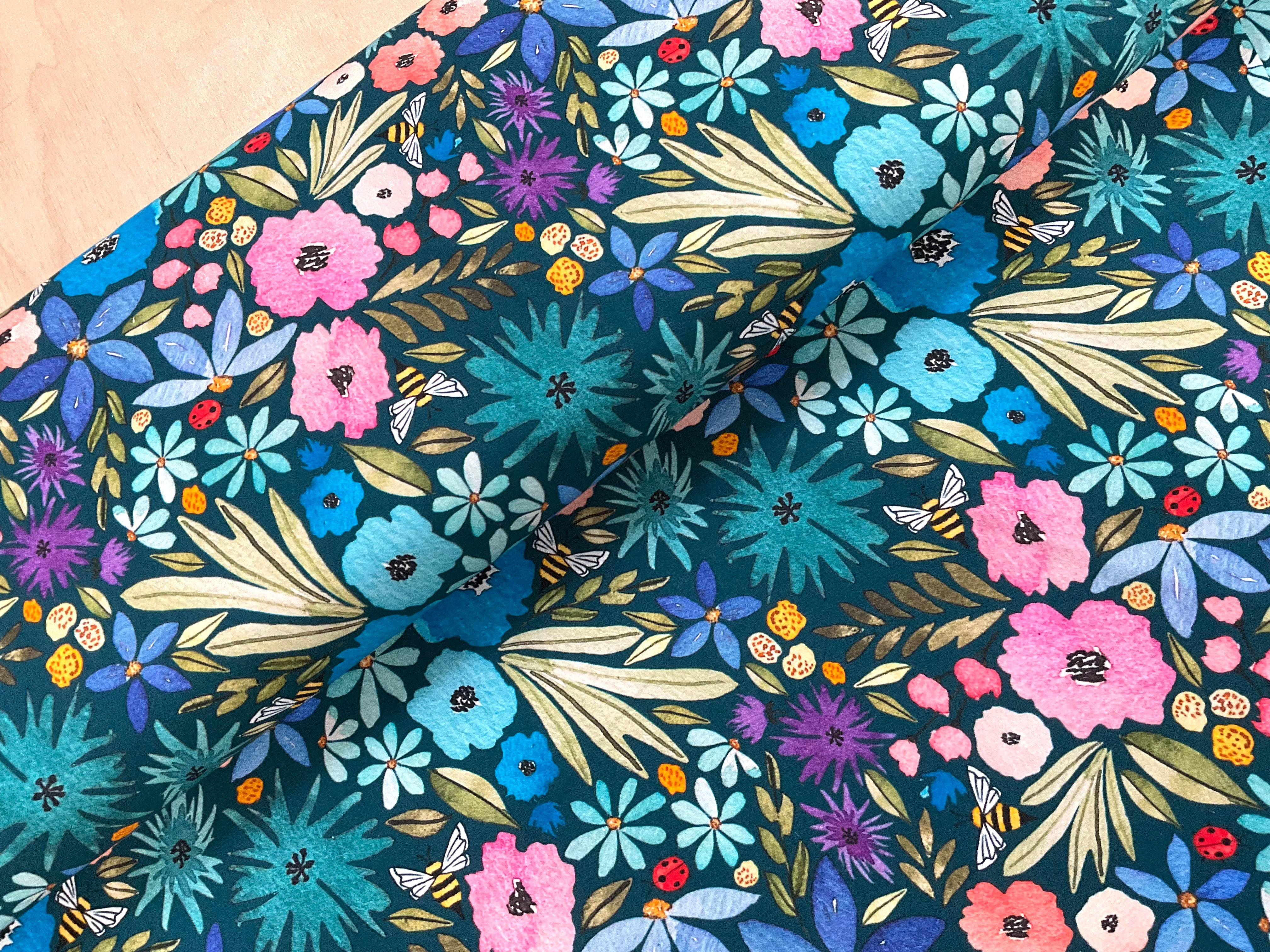 Rainbow Floral On Petrol Cotton Canvas Twill