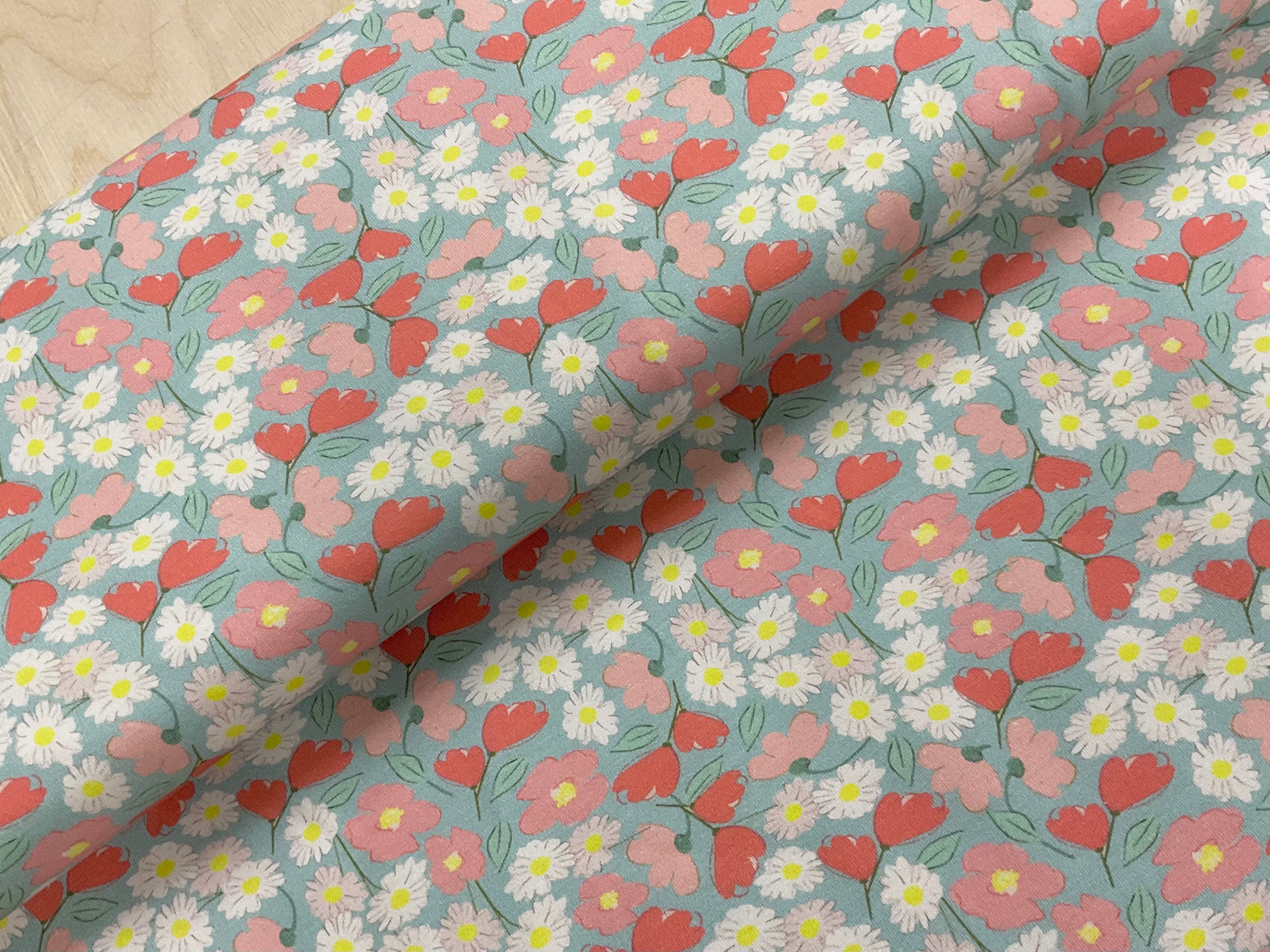 Pretty Posies on Duck Egg Cotton Jersey Fabric