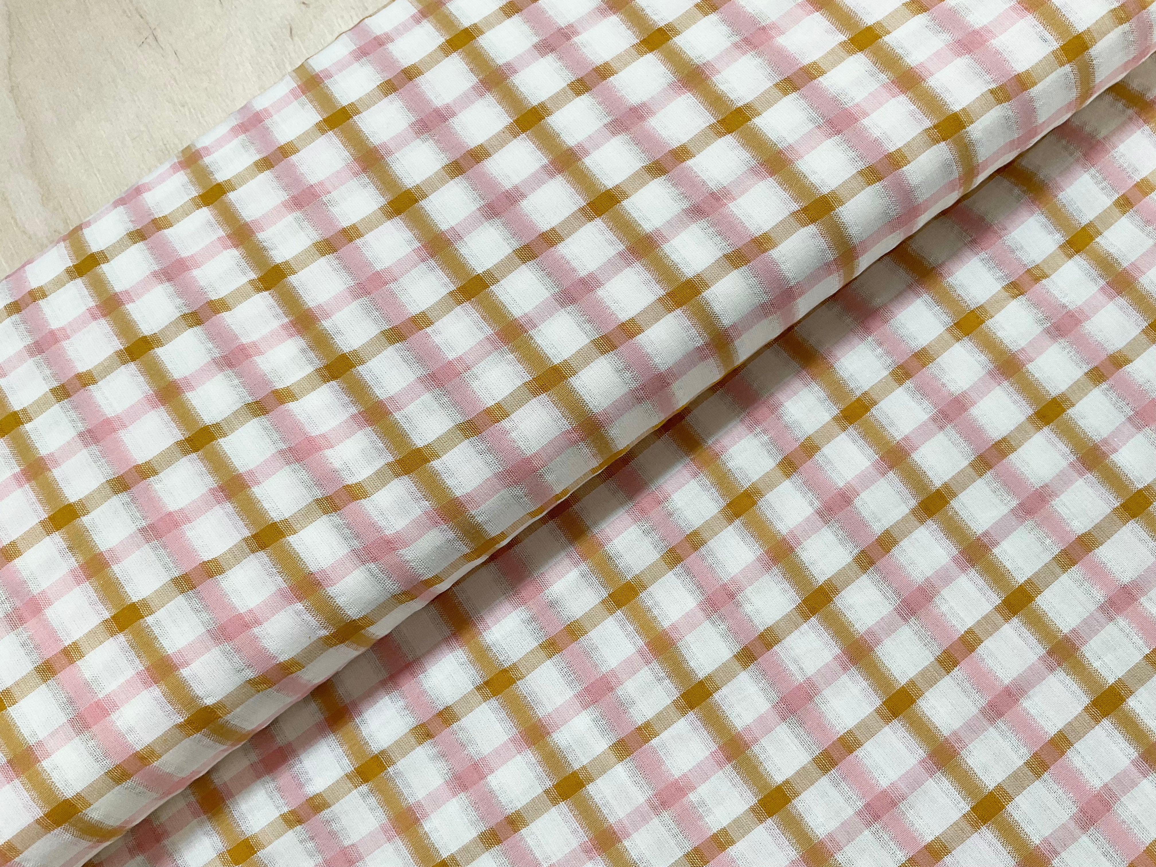 Pink and Ochre Gingham Seersucker 100% Cotton