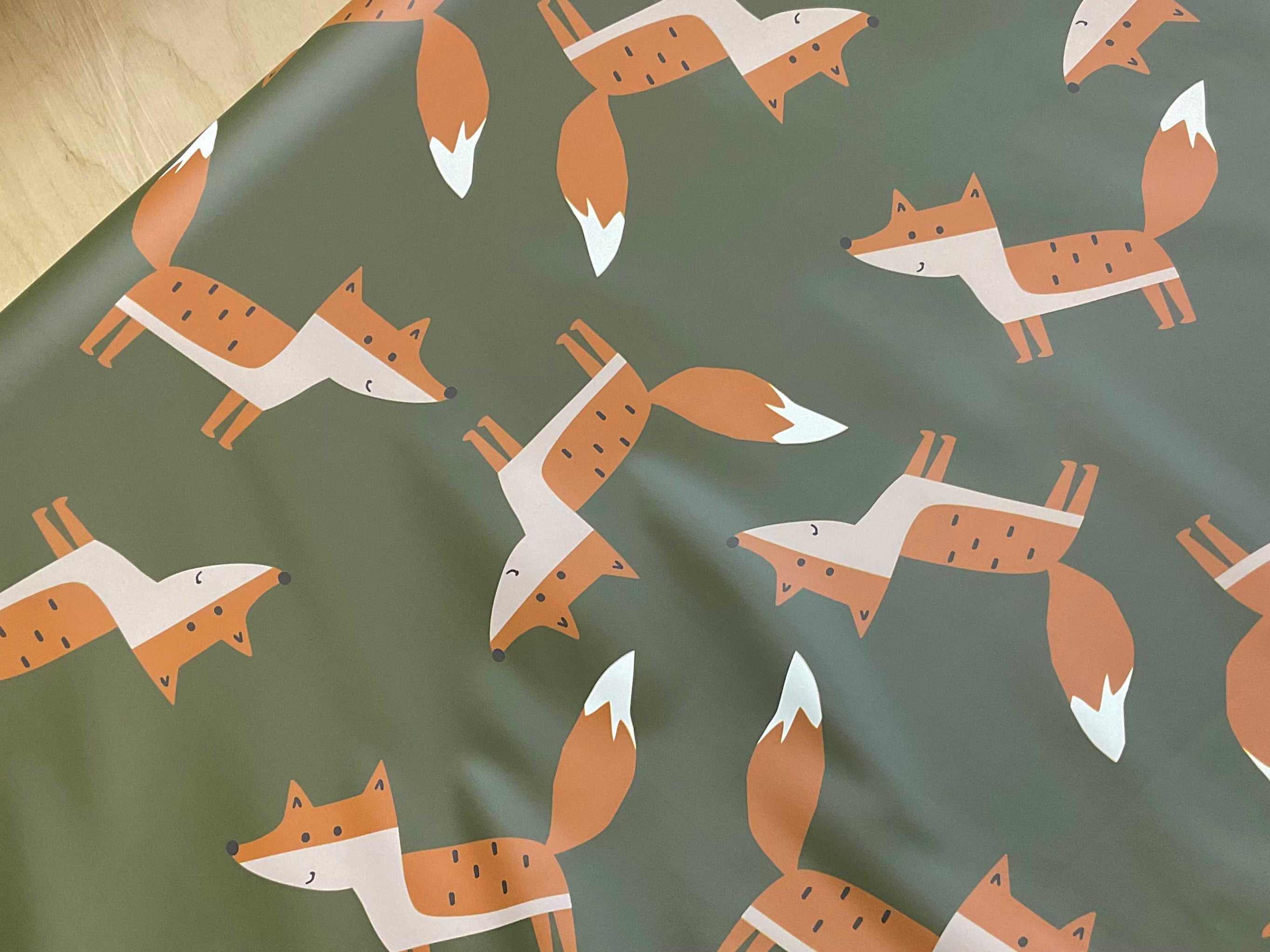 Foxes on Khaki PU Raincoat Fabric