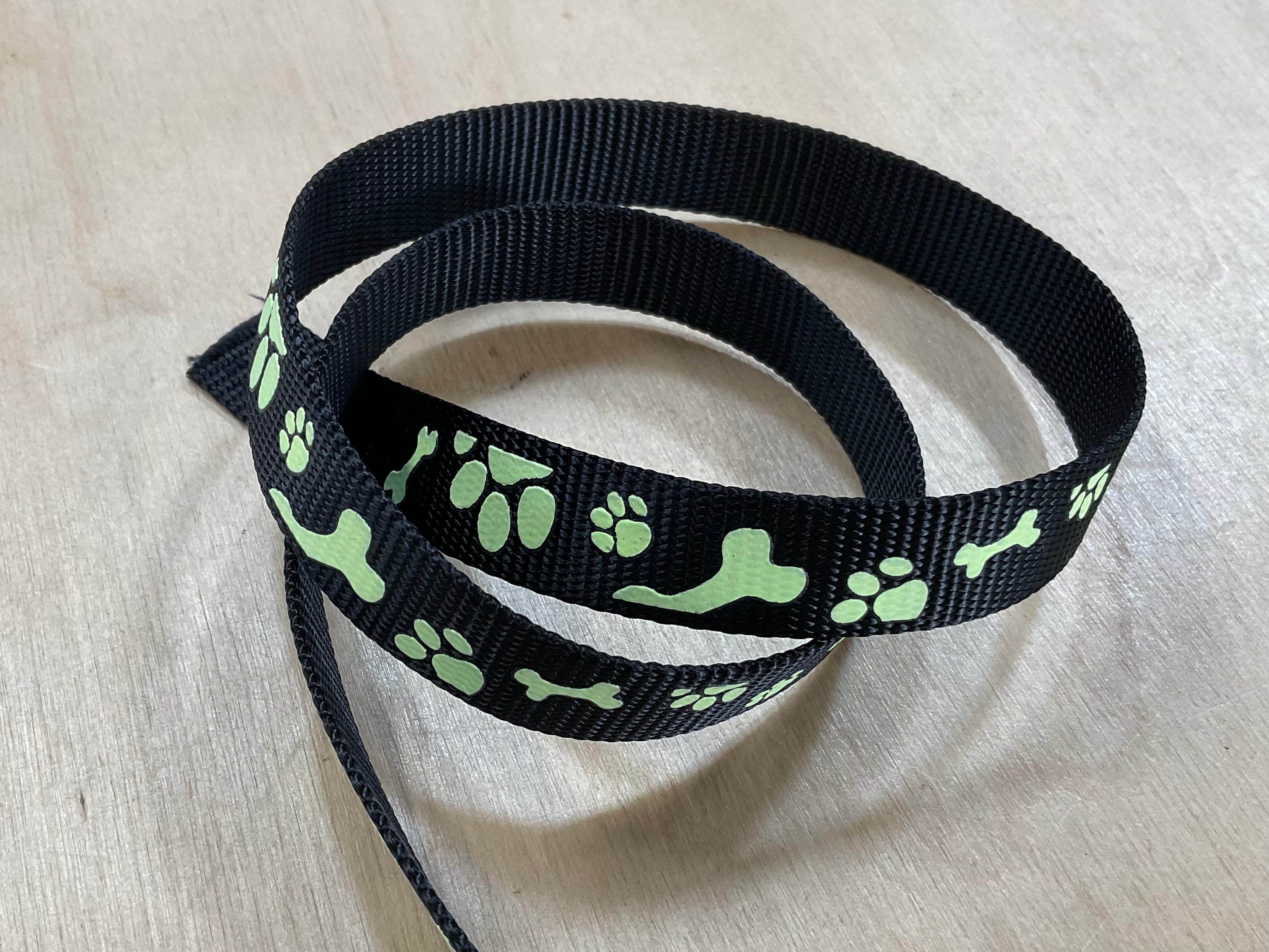 20mm Black Dog Bone and Paw Print Glow in the Dark Webbing Tape