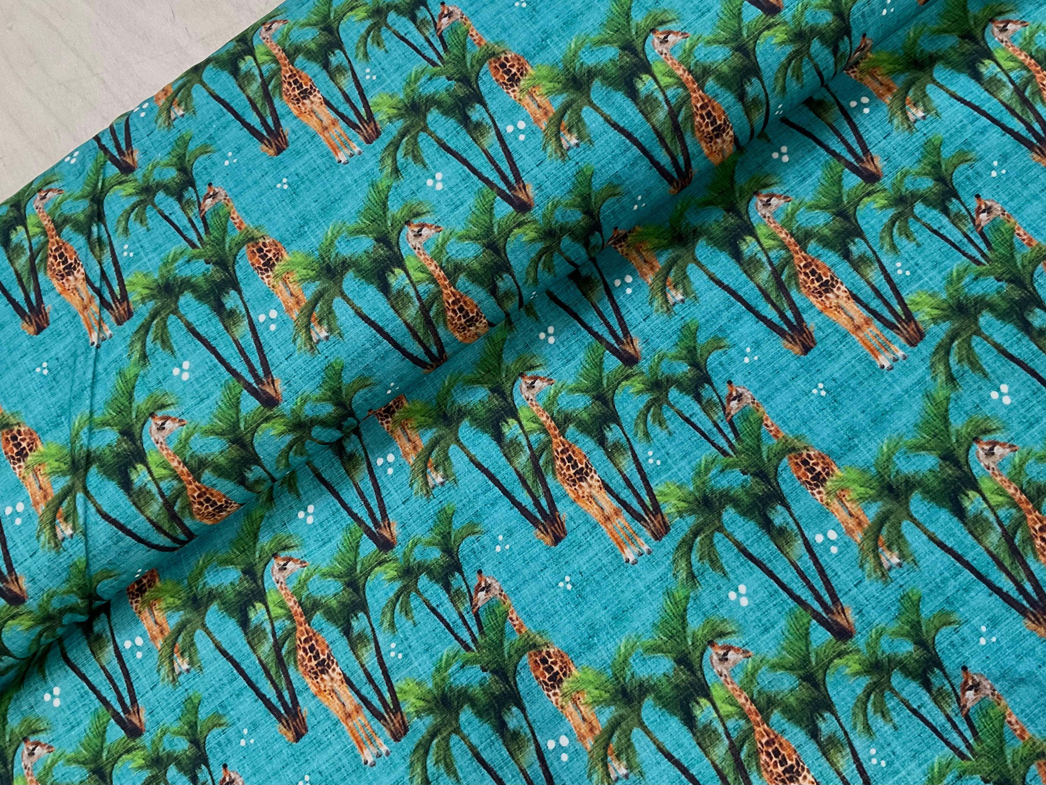 Giraffe and Palm Trees Cotton Canvas Twill