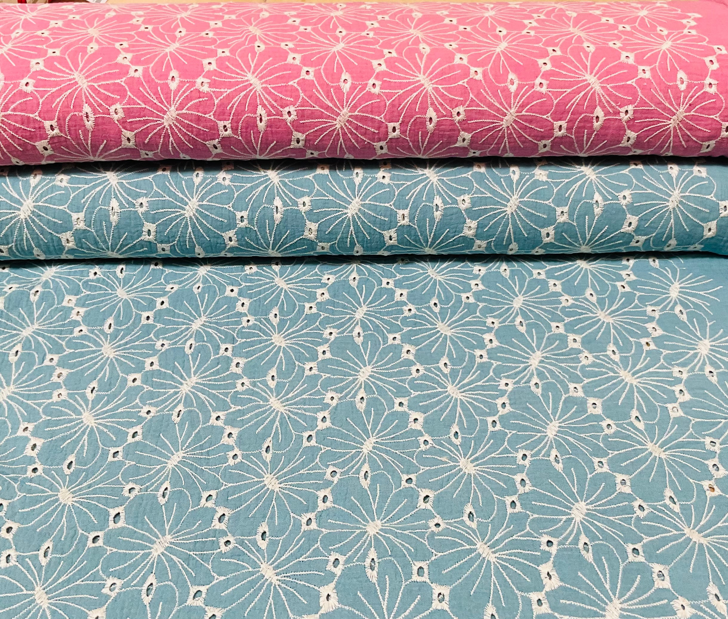 Large Bloom Cotton Broderie Anglaise Double Gauze - Various Colours