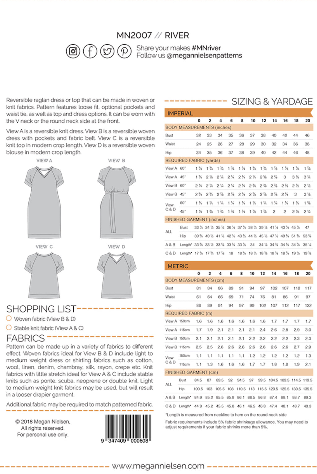 Megan Nielsen River Dress and Top Paper Sewing Pattern Sizes 0 - 20