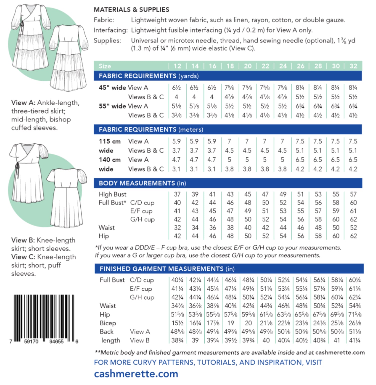 Roseclair Dress Cashmerette Sewing Pattern (Size 12-32)