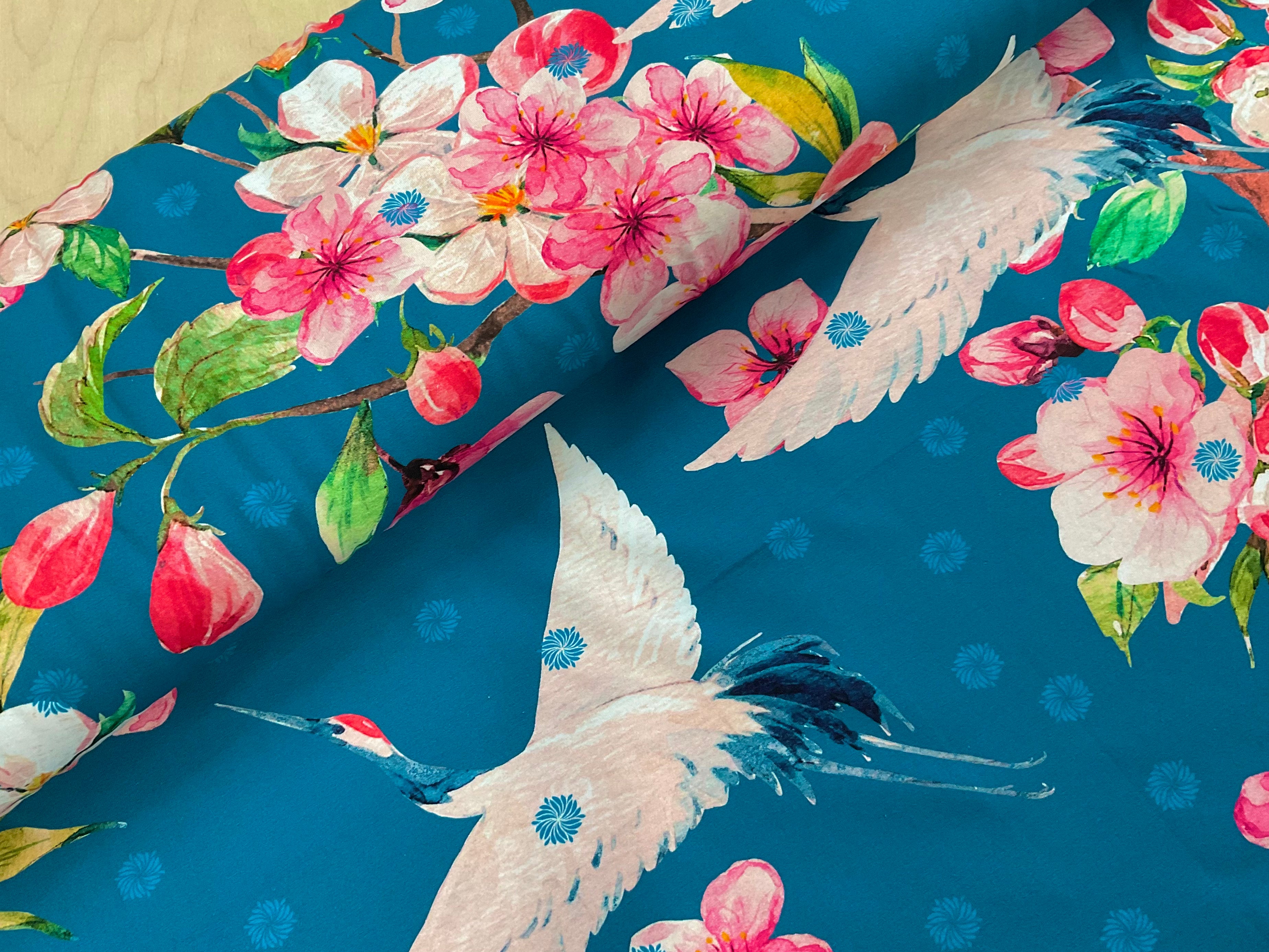 Cranes and Blossom Cotton Jersey