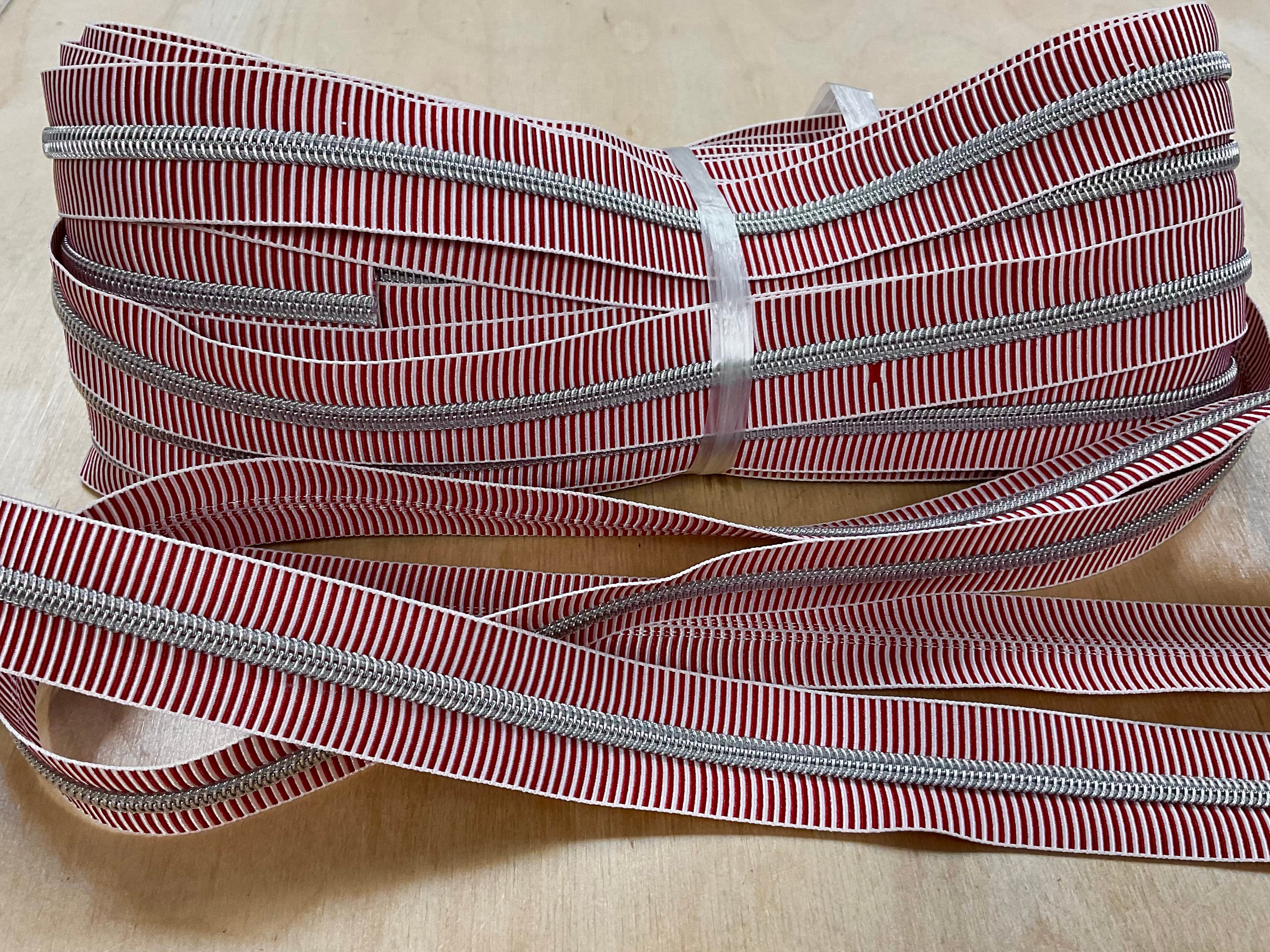 Red/White Stripe with Silver Teeth Continuous Zipper Taped