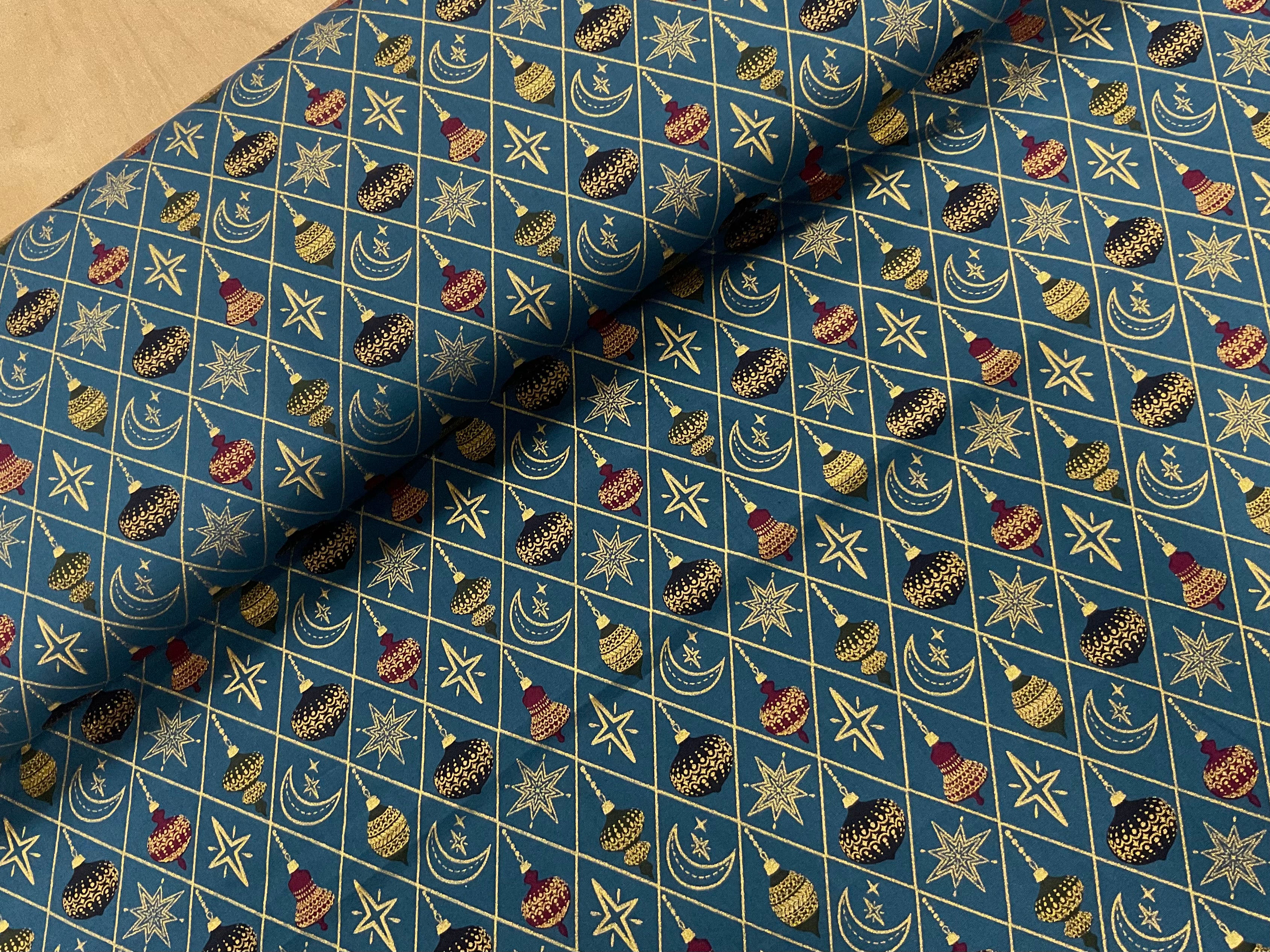 Christmas Baubles on Teal with Gold Foil Cotton Poplin