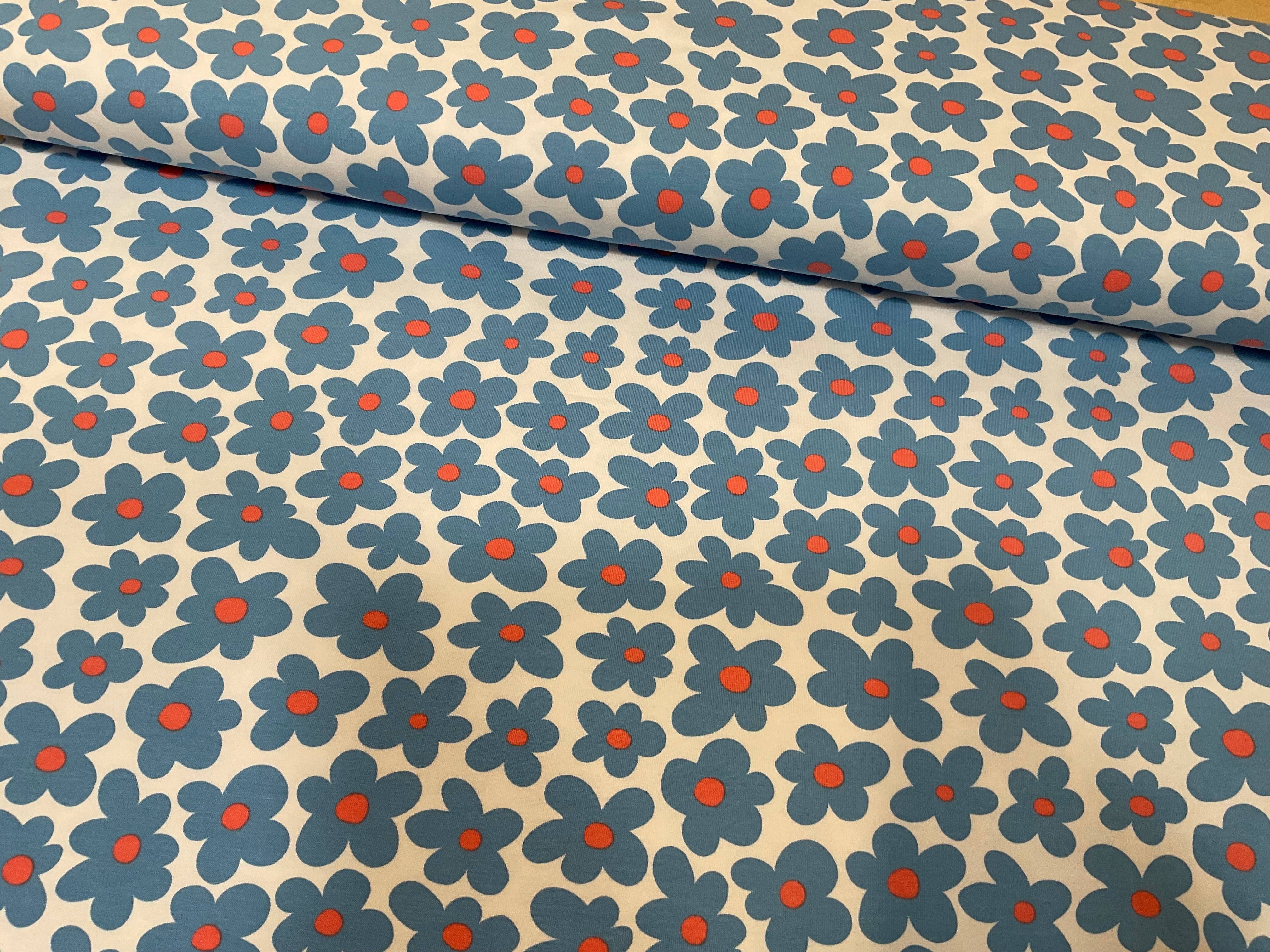 1.2m BOLT END Flower Power Blue Cotton Jersey Fabric