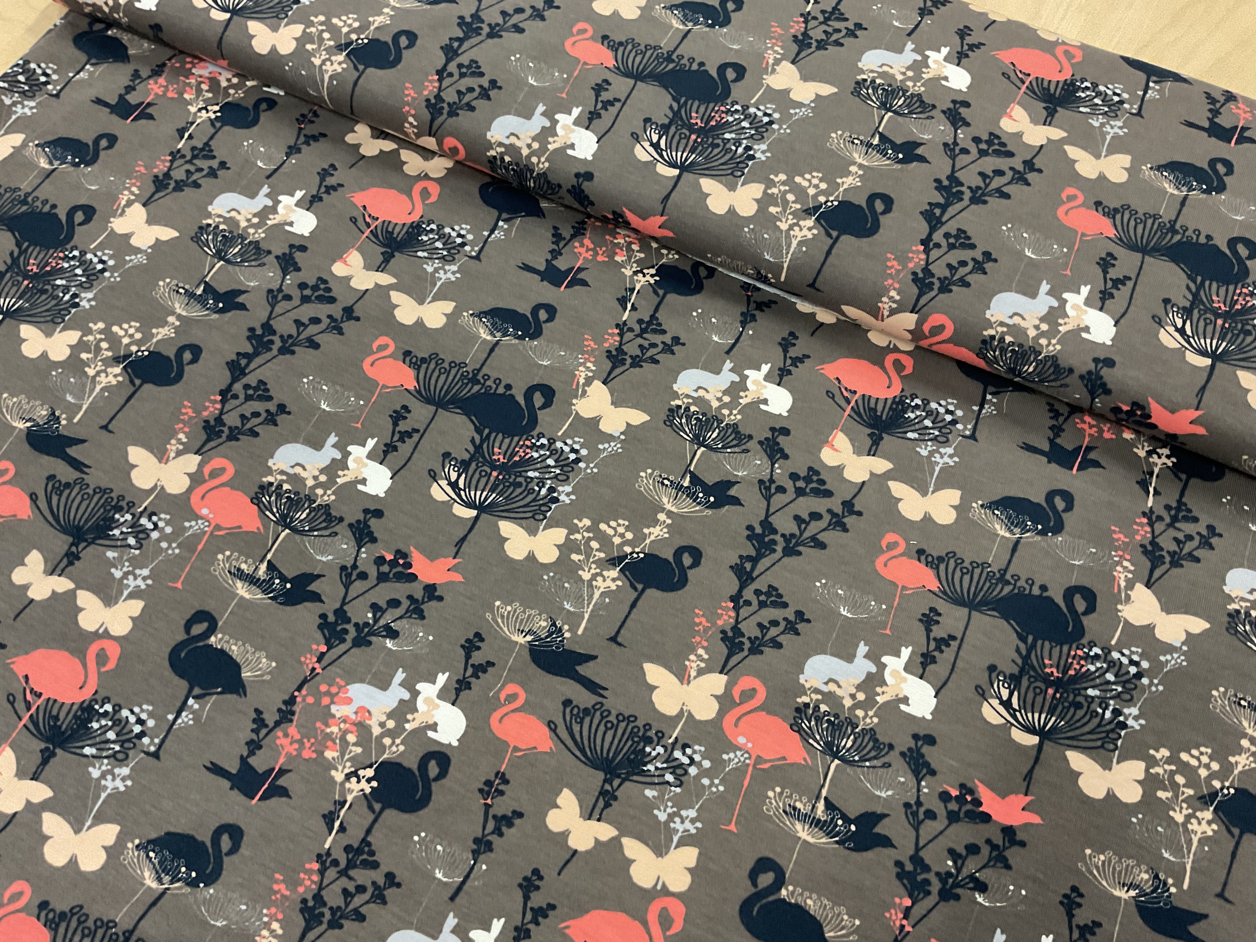 Flamingos and Rabbits Cotton Jersey