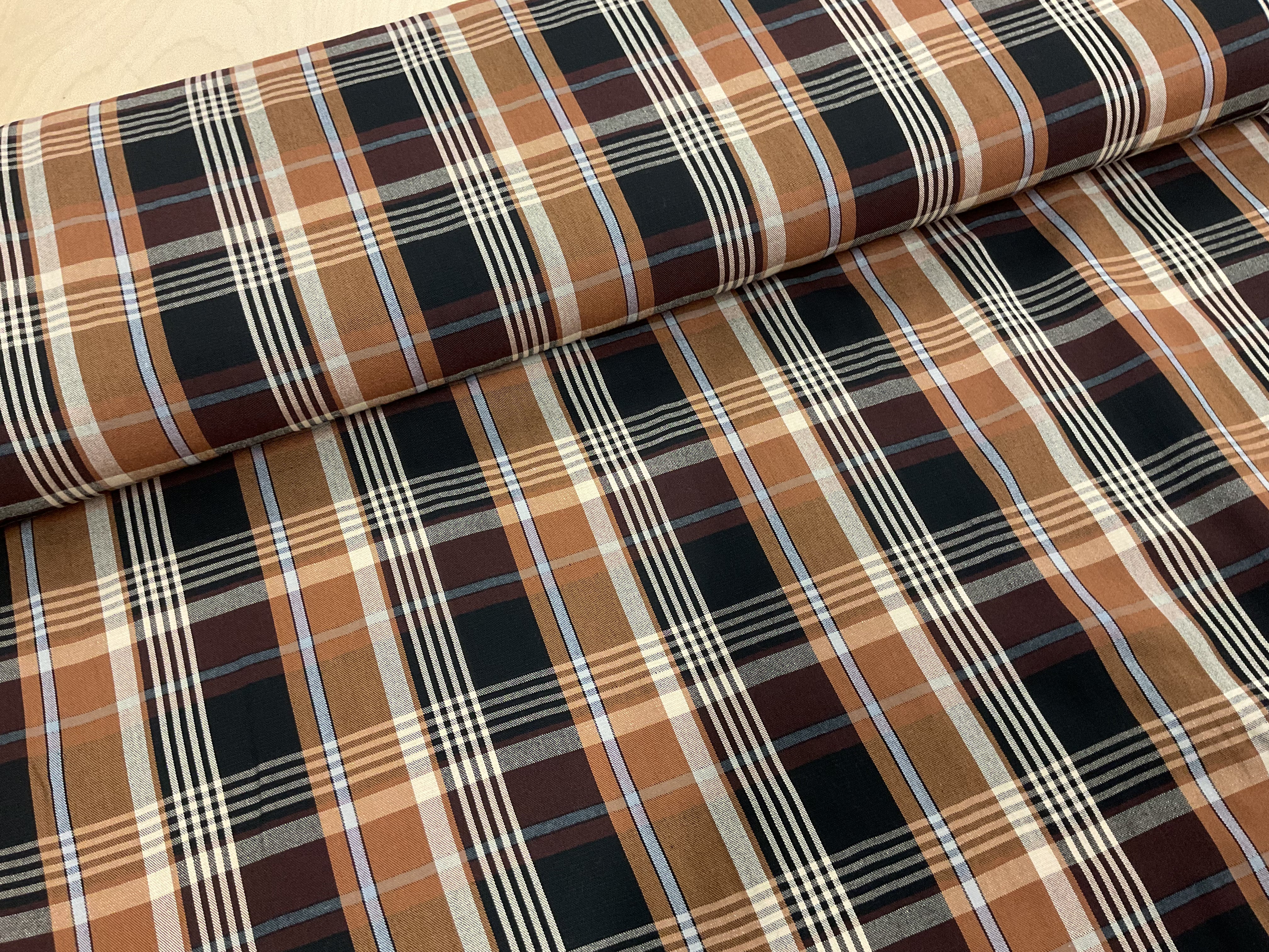 STOCKROOM CLEARANCE - Brown and Chestnut Tartan Check Viscose Linen Blend