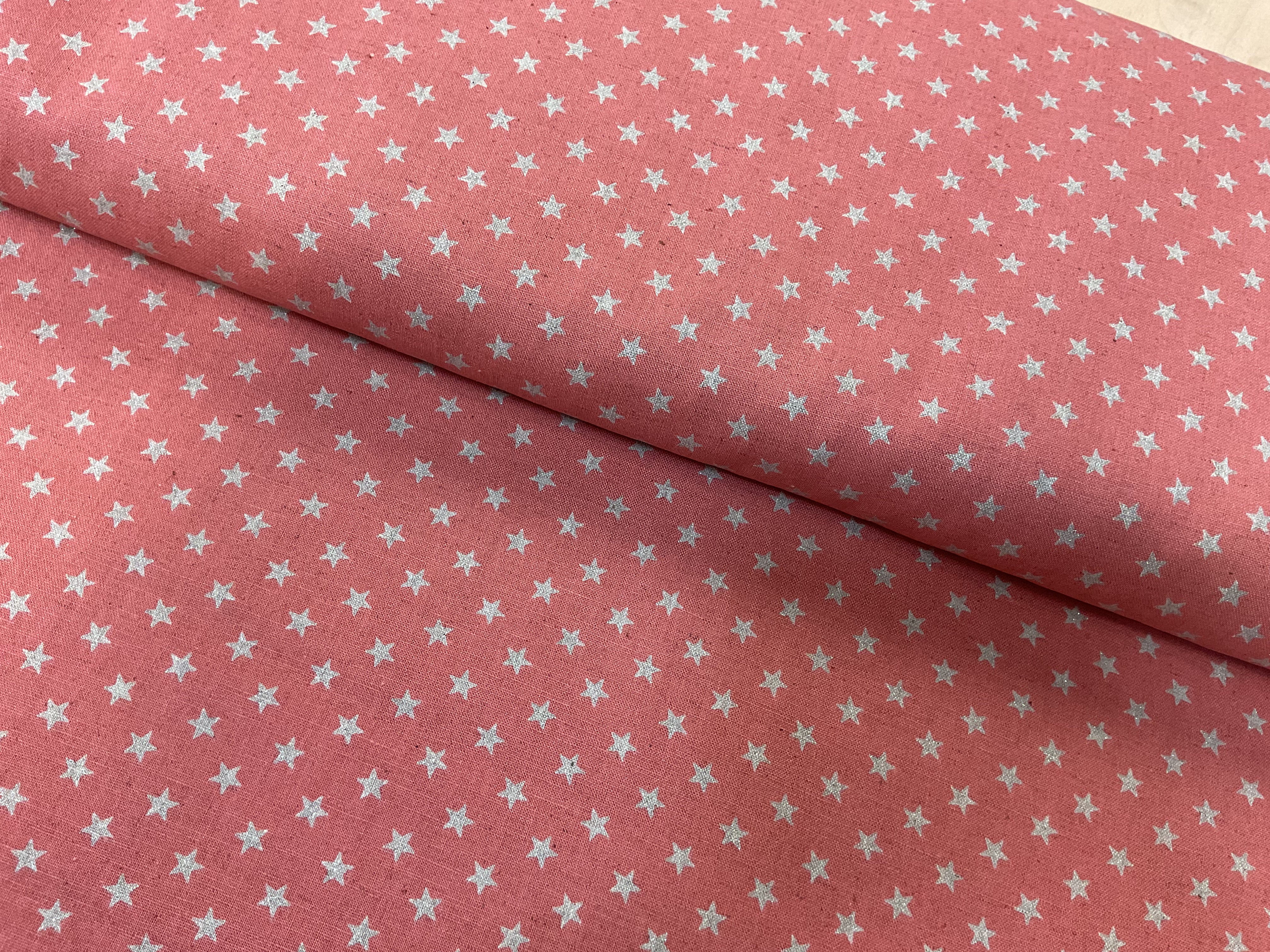 Sevenberry Silver Stars on Warm Pink Cotton Linen Canvas