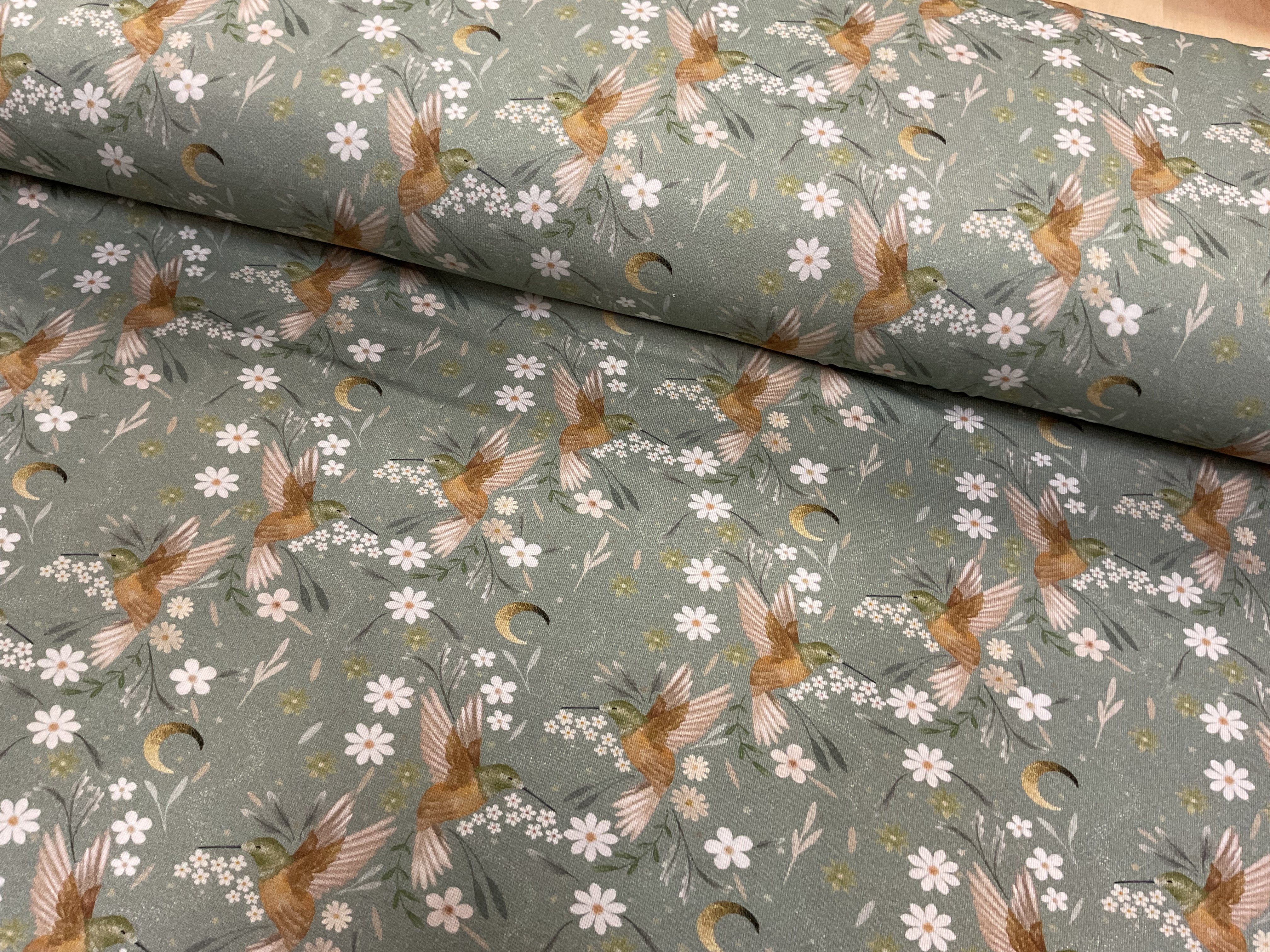 Hummingbirds on Dusty Mint Bamboo Jersey