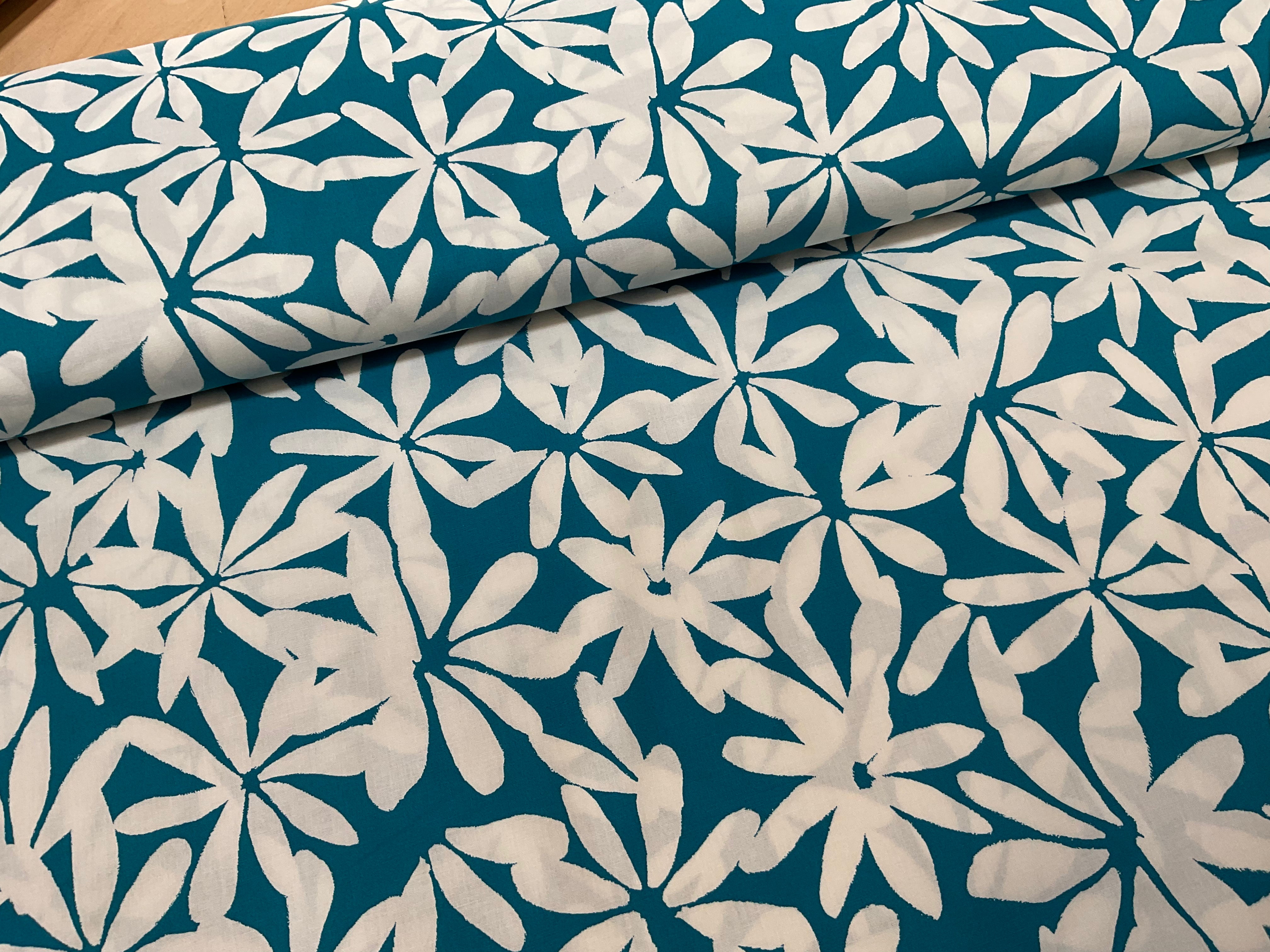 White Petals on Teal Cotton Poplin