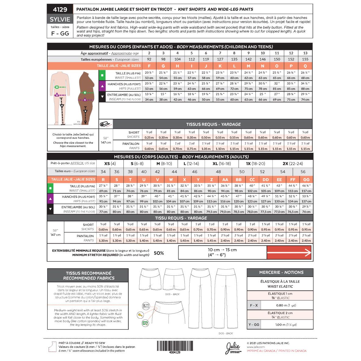 Jalie Sylvie Trouser and Shorts Paper Sewing Pattern