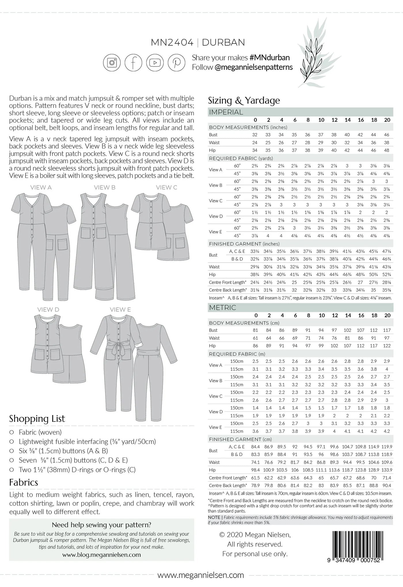 Megan Nielsen Durban Jumpsuit and Romper Paper Sewing Pattern Sizes 0-20