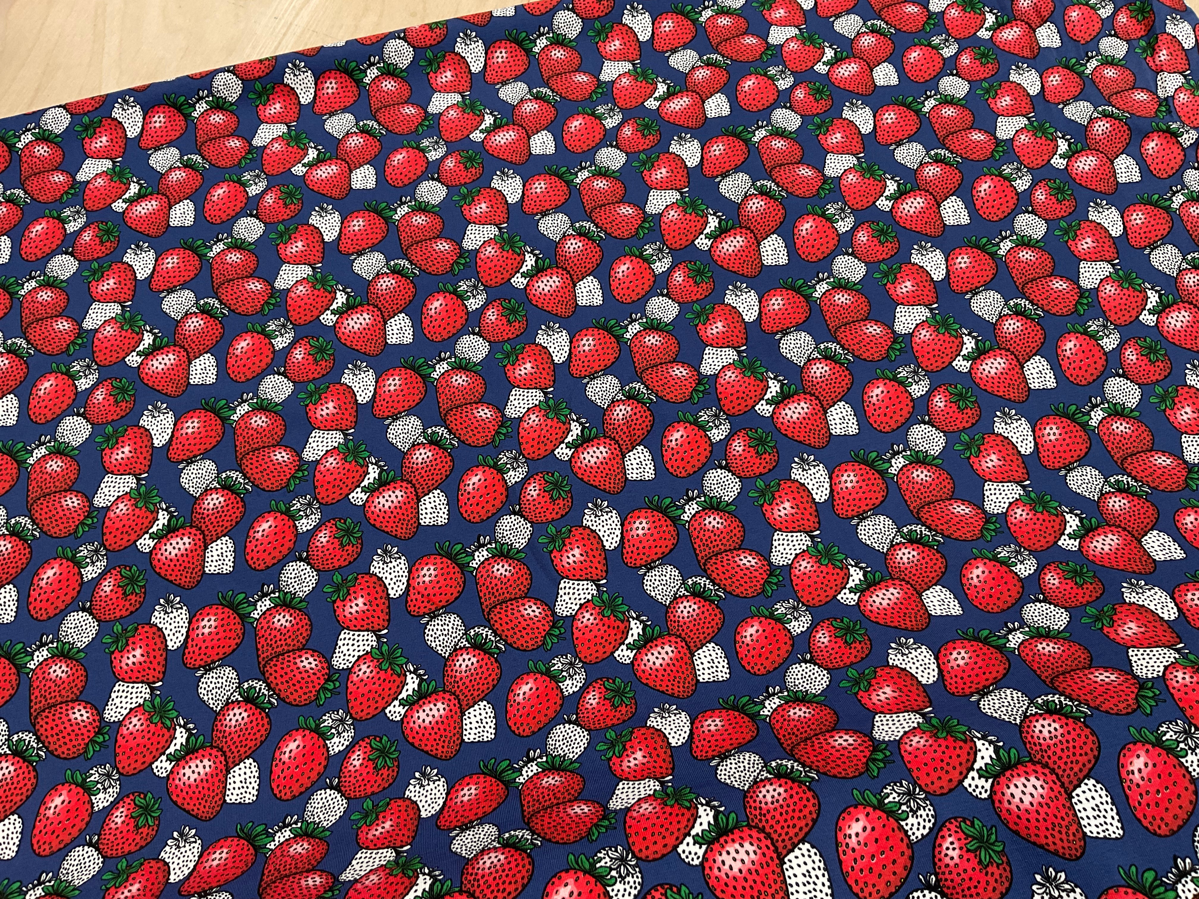 Strawberries on navy Cotton Jersey Fabric