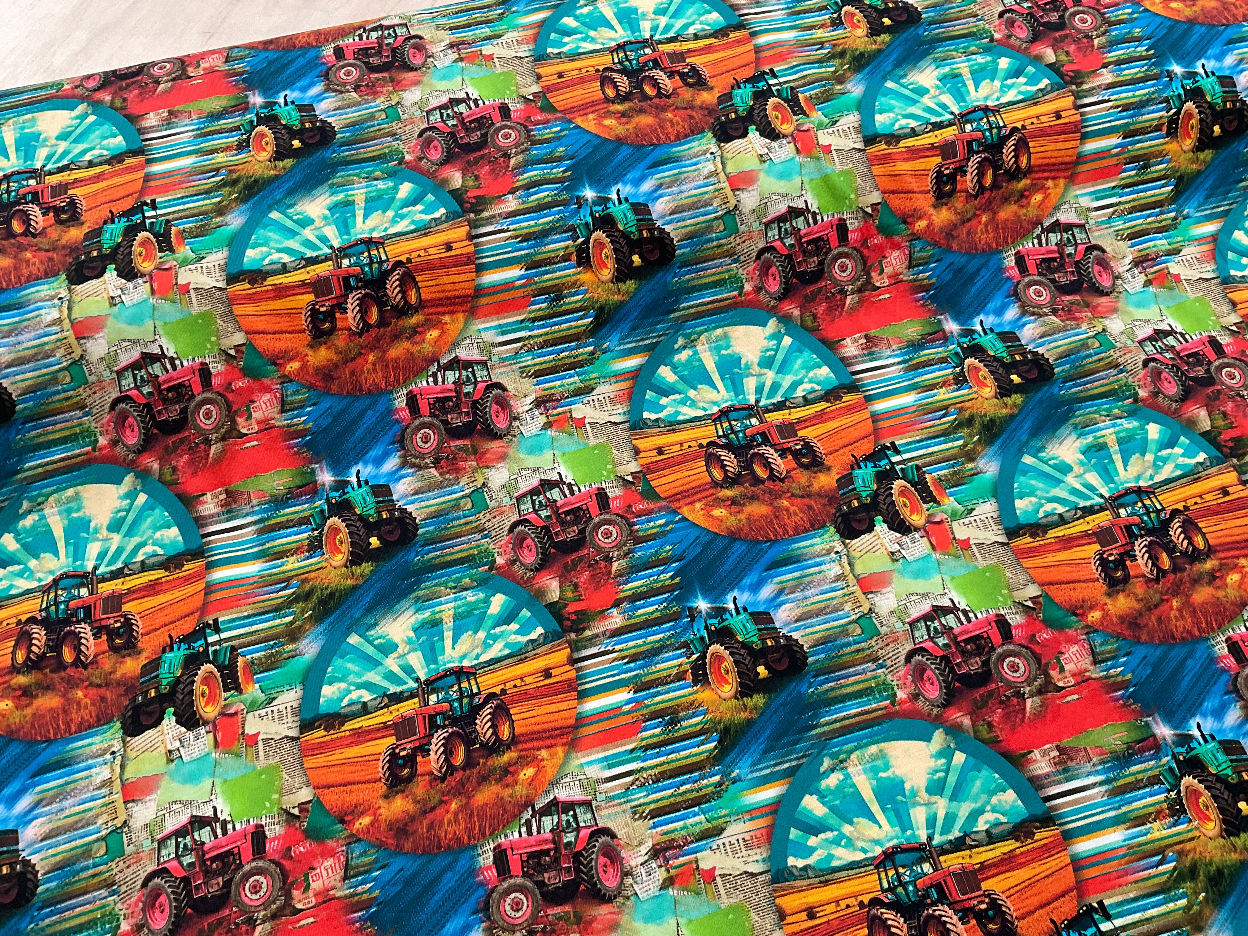 Tractors Main Print and Panels Cotton Jersey Fabric