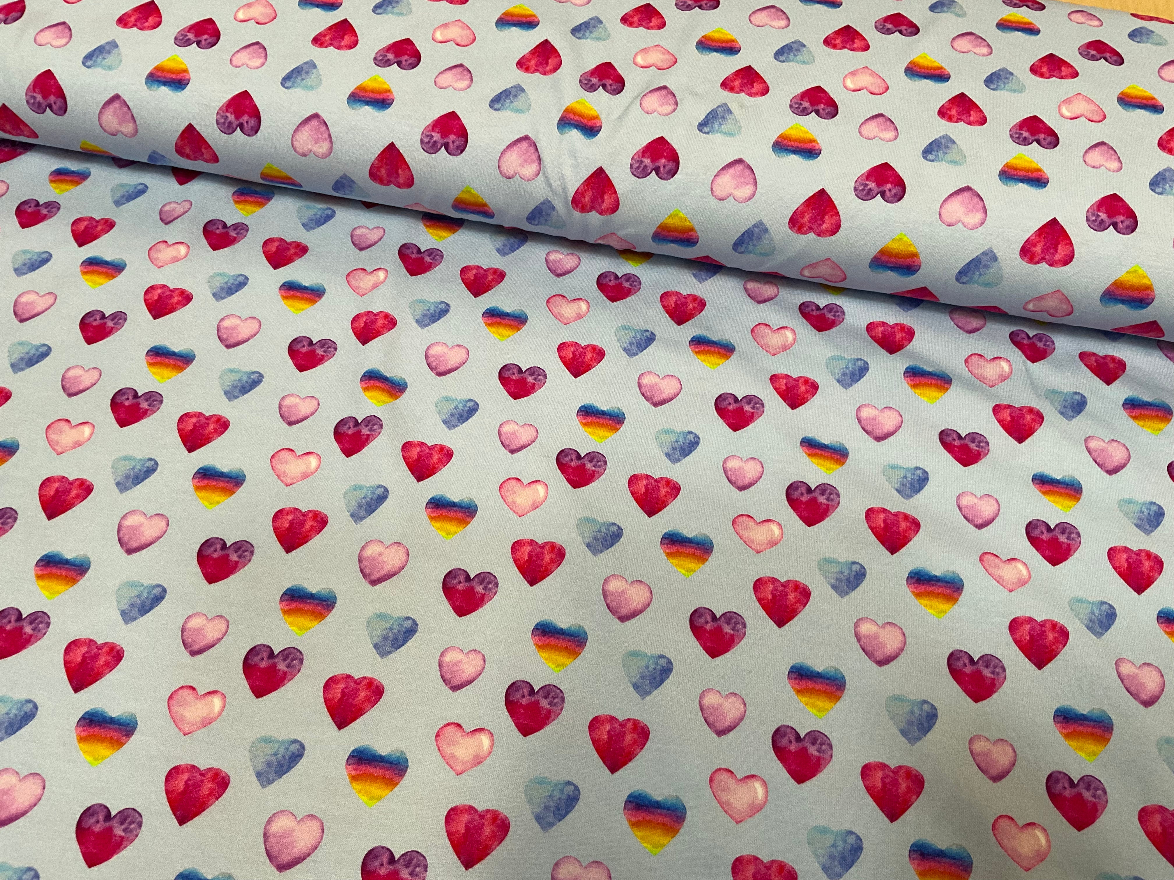 Rainbow Hearts Cotton Jersey Fabric