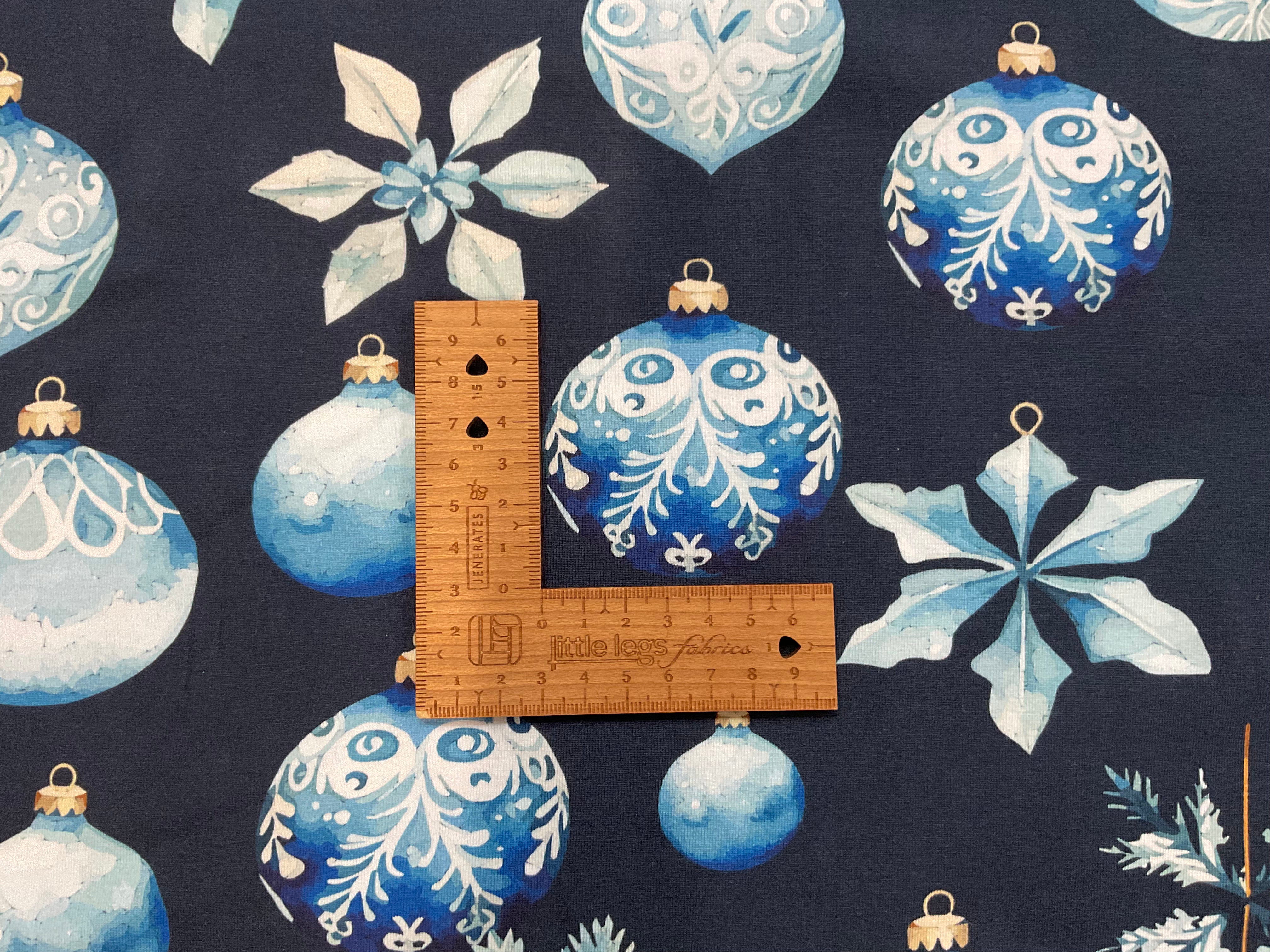 Blue Christmas Baubles Cotton Jersey Fabric