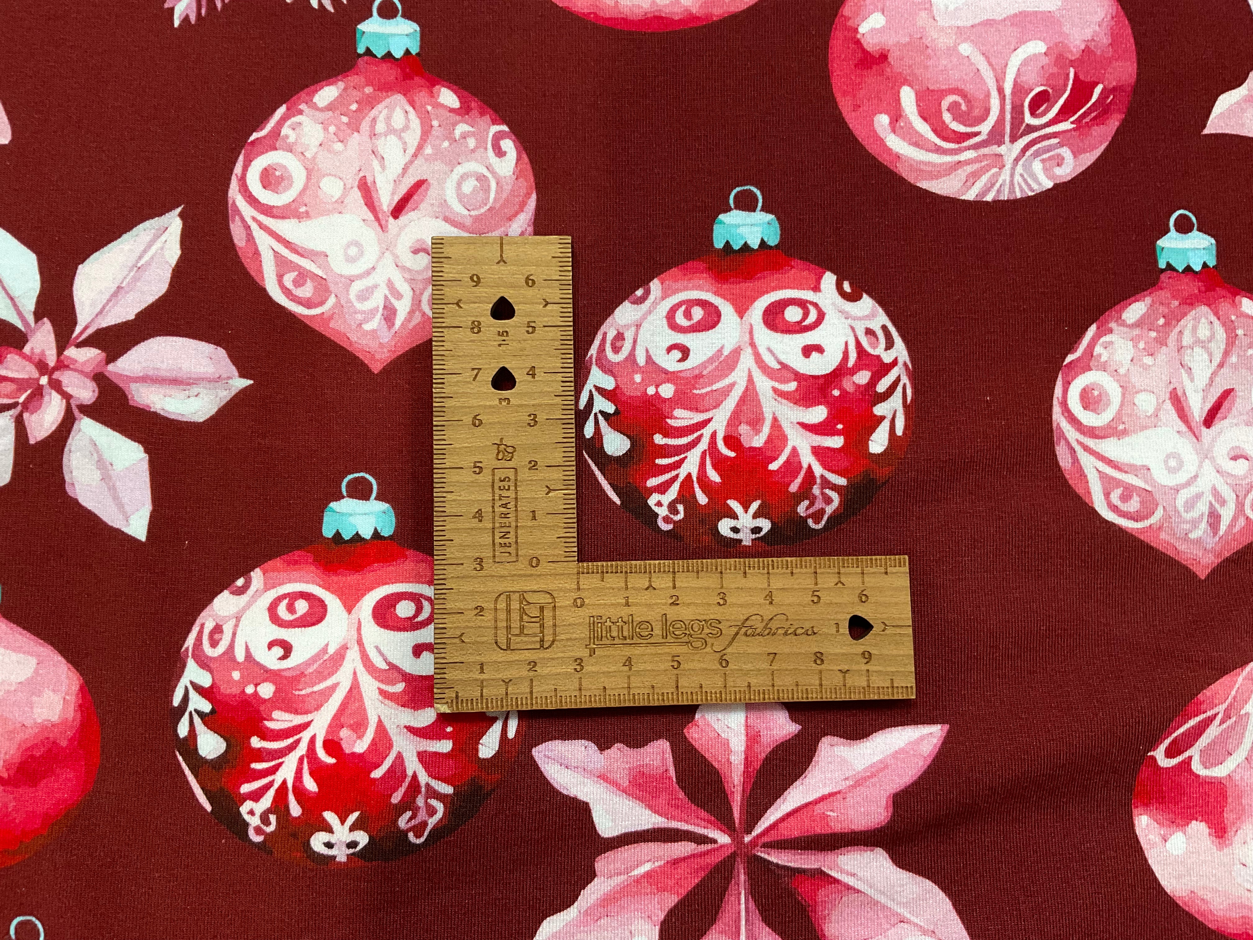 Red Christmas Baubles Cotton Jersey Fabric
