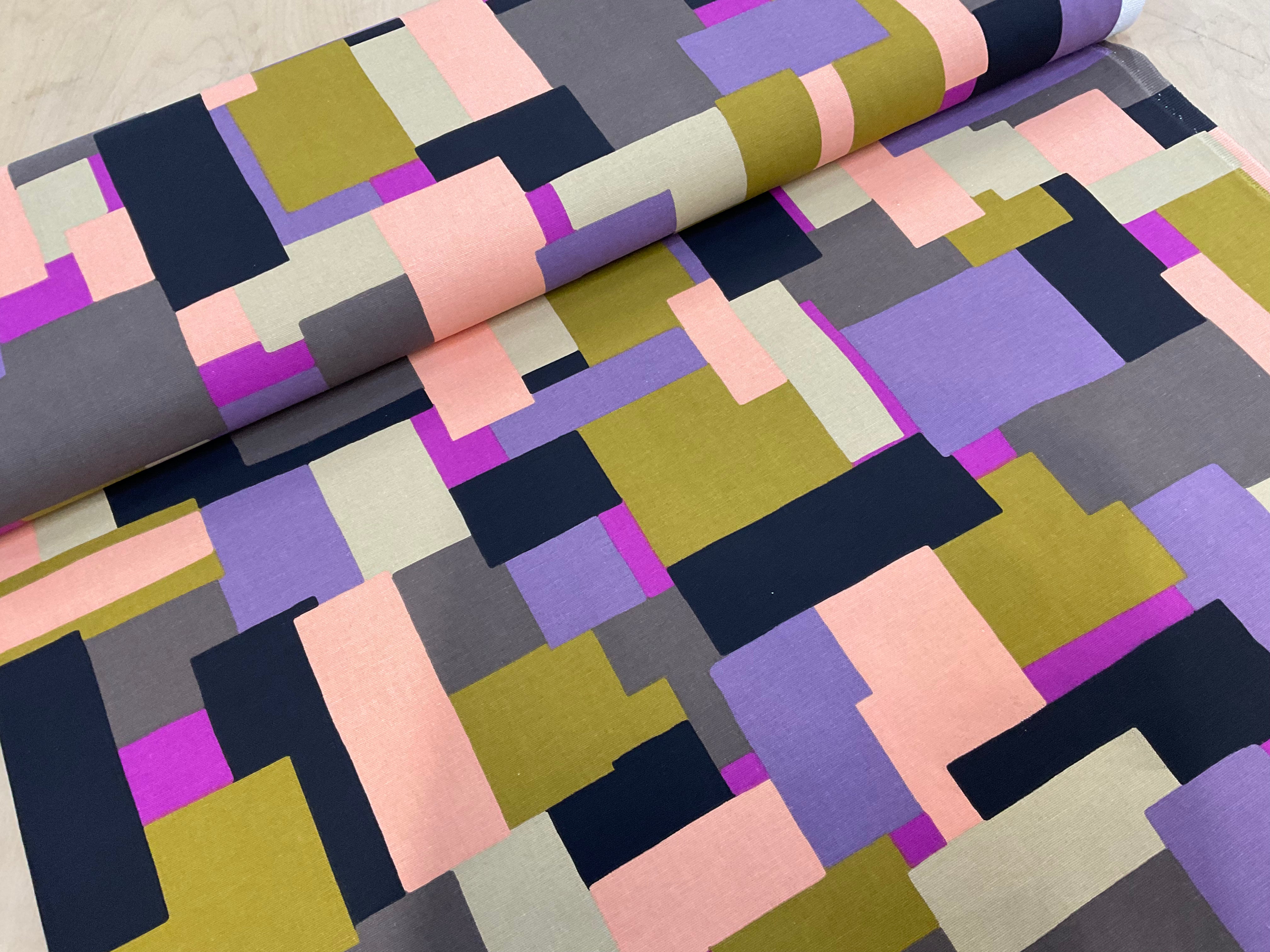 Abstract Square Purple/Mustard/Grey Cotton Canvas
