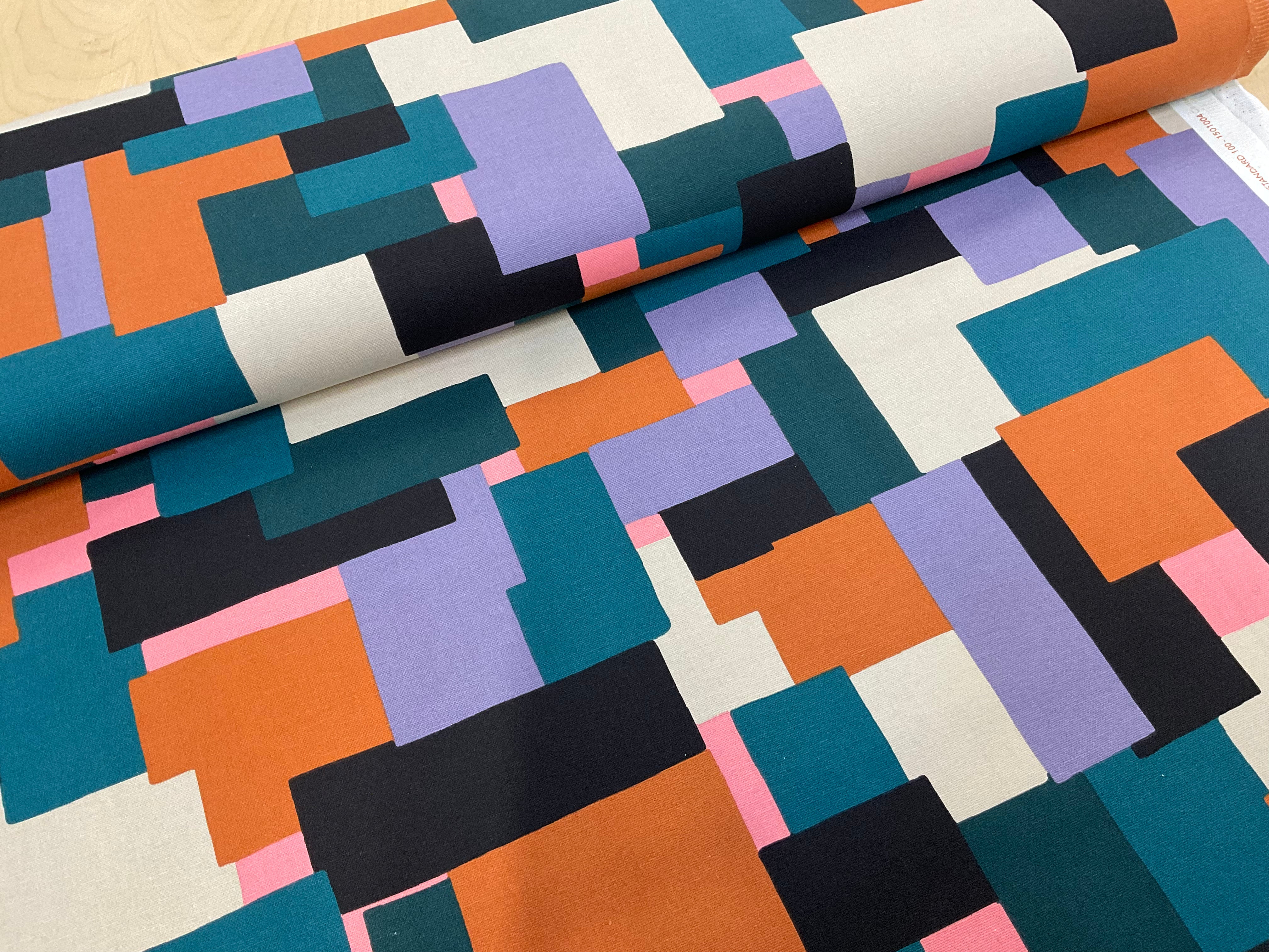 Abstract Square Petrol /Purple / Orange Cotton Canvas