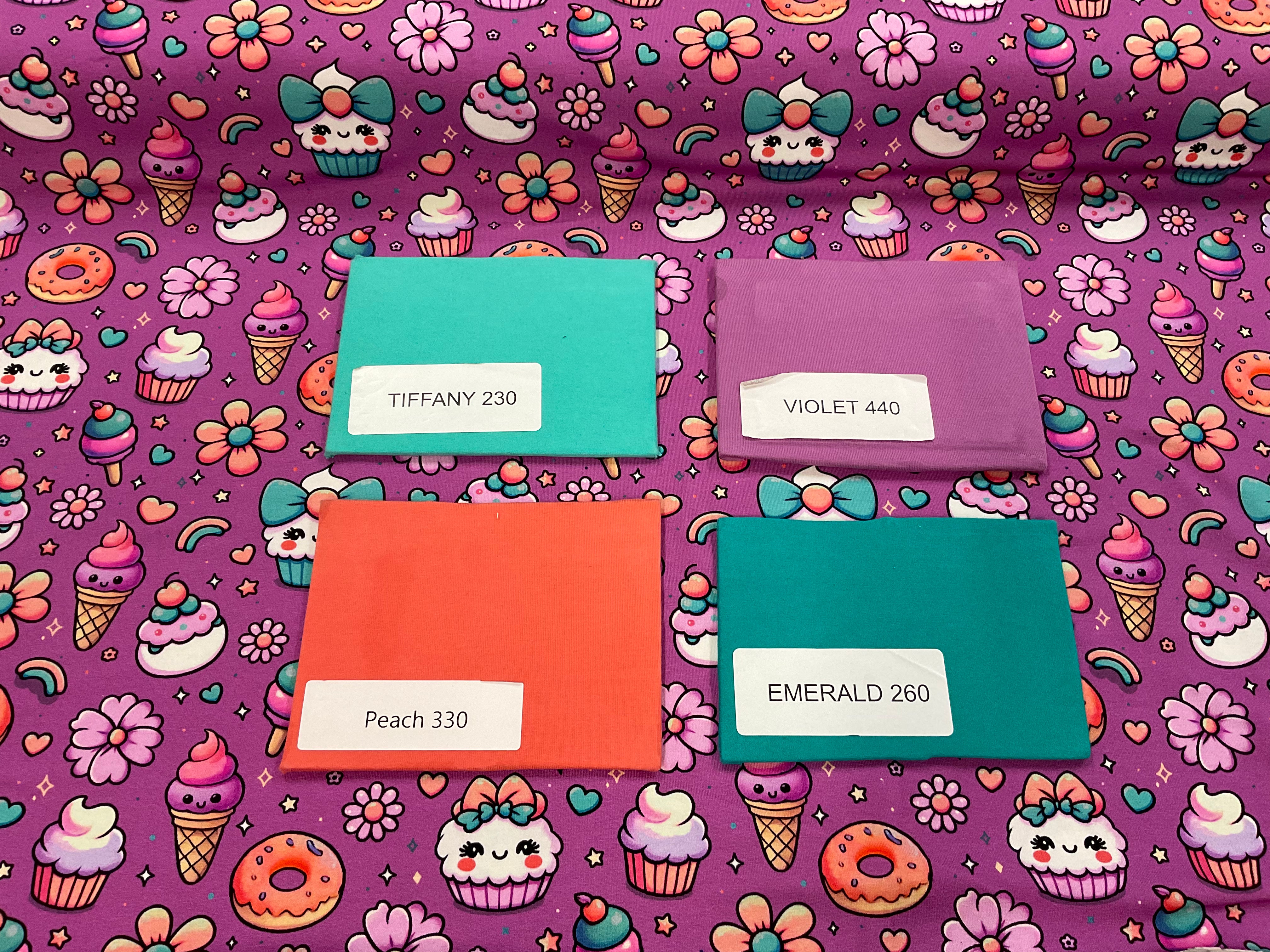 Sweet Treats on Violet Cotton Jersey Fabric